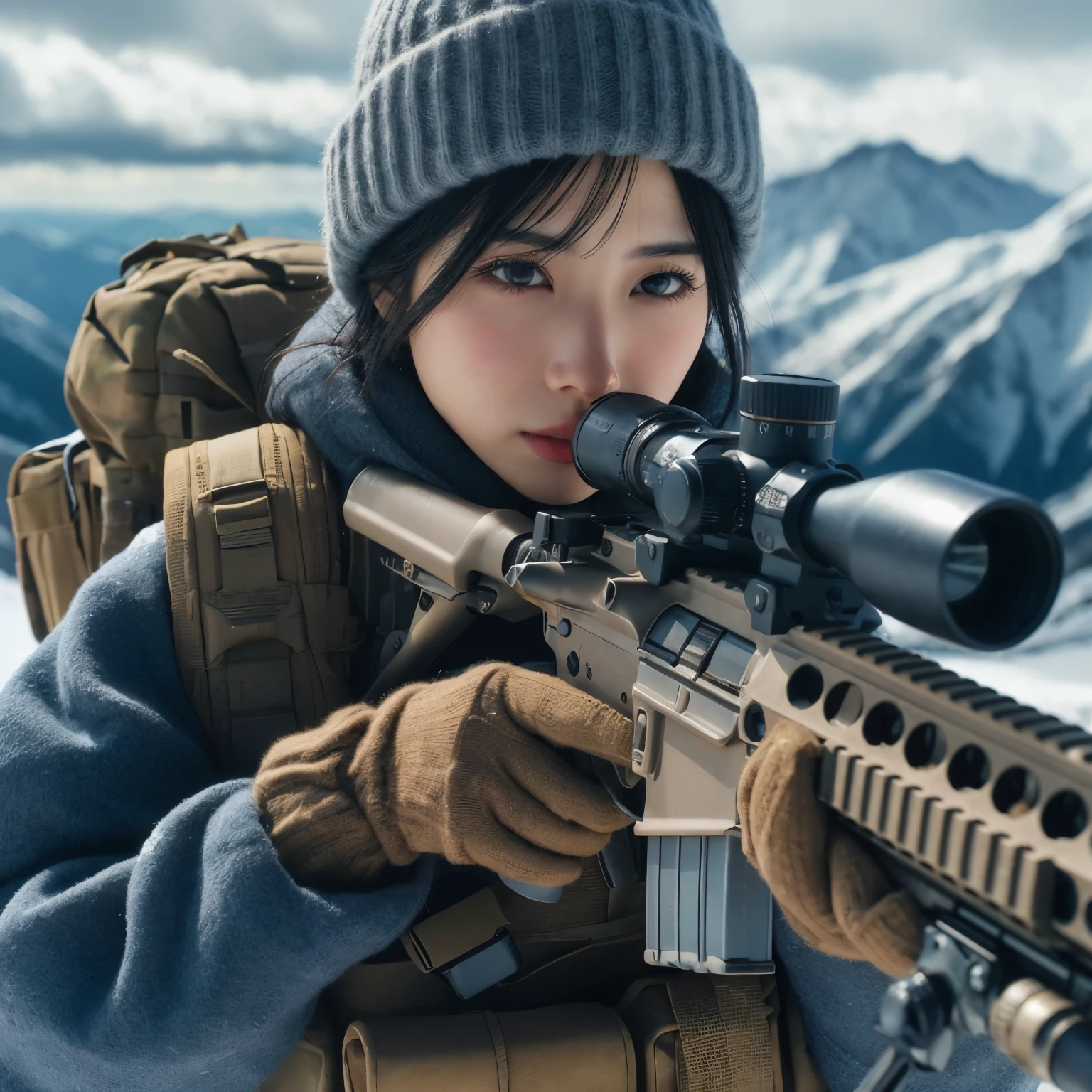 photorealistic、realistic skin texture、A beautiful Japanese woman who is a member of the American military　I&#39;m in a snowy field、I can see a high mountain in the distance、Backpack、Army Down Jacket、Knitted Cap、、Aiming with a large sniper rifle、bulletproof vest、moving action pose、whole body