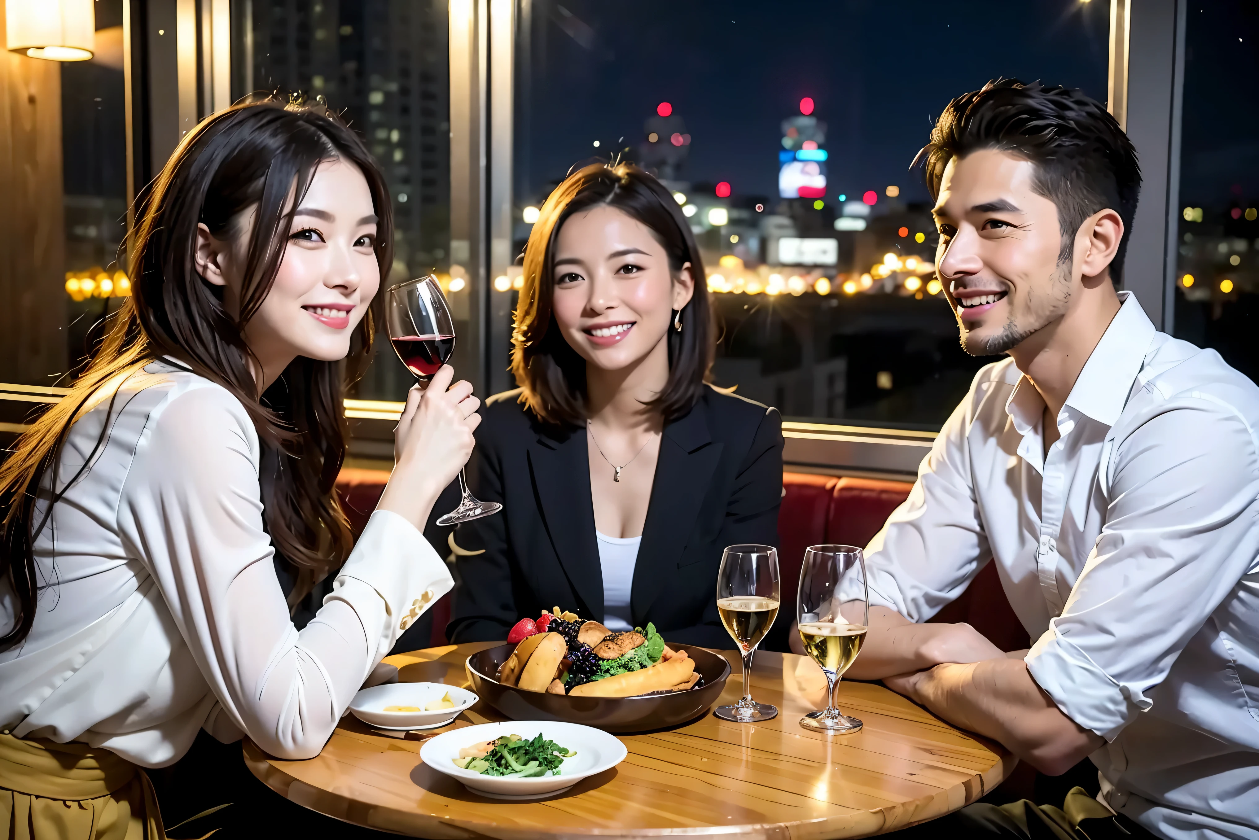 64k, UHD, highest quality, masterpiece: 1.2), (realistic, photorealistic: 1.37), Super detailed, celebration party、beauty、beautiful mature woman、3 women who love wine、three men、Tokyo、Yokohama、champagne、sparkling wine、winter night、restaurantでワイン宴会、(slimな男女4名),(Wine party for 5 people)、(slimフェイス),Happy、 最高なsmile、Fox Face、Berry Short、(because I'thin), (brown hair), (shortcut), long sleeve shirt、winter fashion、Japanese、Dutch、German、Portuguese、Belgian、Italian、french, (gushing), (slimボティ), (brown hair), (shortcut), 端正なbeauty、cheeks blush a little, (34 years old), 38 years old,32 years old、40 years old、 A beautiful and detailed night view spreads out outside the window......., restaurant, wine glassが座っている, At night, in a prominent place (from the Upper body) nova frog style, actress, model, Upper body, White wine, slim, wine glass, Very beautiful night view, wine glass Put in the Middle, Happy smile, (smile: 1.15),