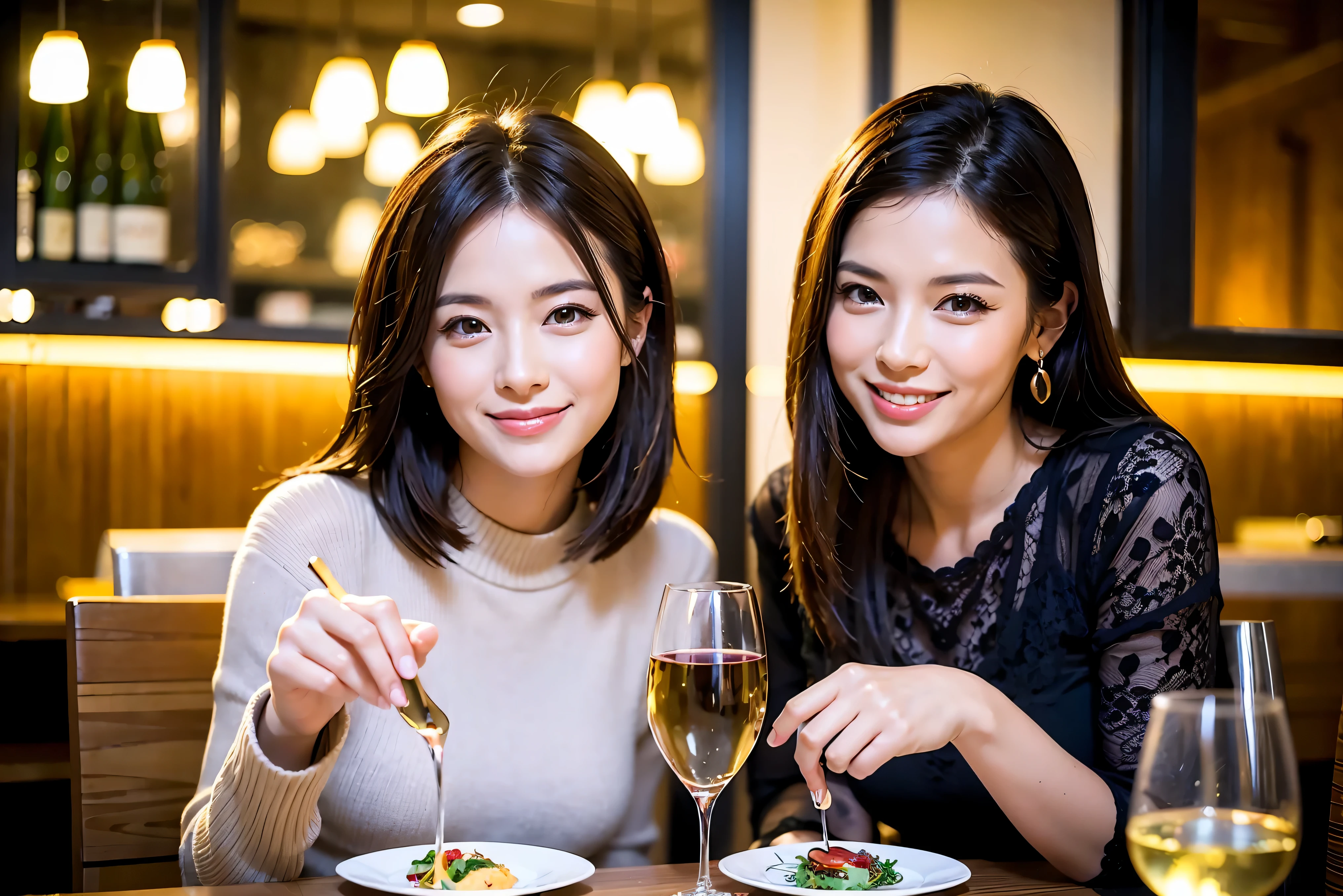 64k, UHD, highest quality, masterpiece: 1.2), (realistic, photorealistic: 1.37), Super detailed, celebration party、beauty、beautiful mature woman、3 women who love wine、three men、Tokyo、Yokohama、champagne、sparkling wine、winter night、restaurantでワイン宴会、(slimな男女4名),(Wine party for 5 people)、(slimフェイス),Happy、 最高なsmile、Fox Face、Berry Short、(because I'thin), (brown hair), (shortcut), long sleeve shirt、winter fashion、Japanese、Dutch、German、Portuguese、Belgian、Italian、french, (gushing), (slimボティ), (brown hair), (shortcut), 端正なbeauty、cheeks blush a little, (34 years old), 38 years old,32 years old、40 years old、 A beautiful and detailed night view spreads out outside the window......., restaurant, wine glassが座っている, At night, in a prominent place (from the Upper body) nova frog style, actress, model, Upper body, White wine, slim, wine glass, Very beautiful night view, wine glass Put in the Middle, Happy smile, (smile: 1.15),