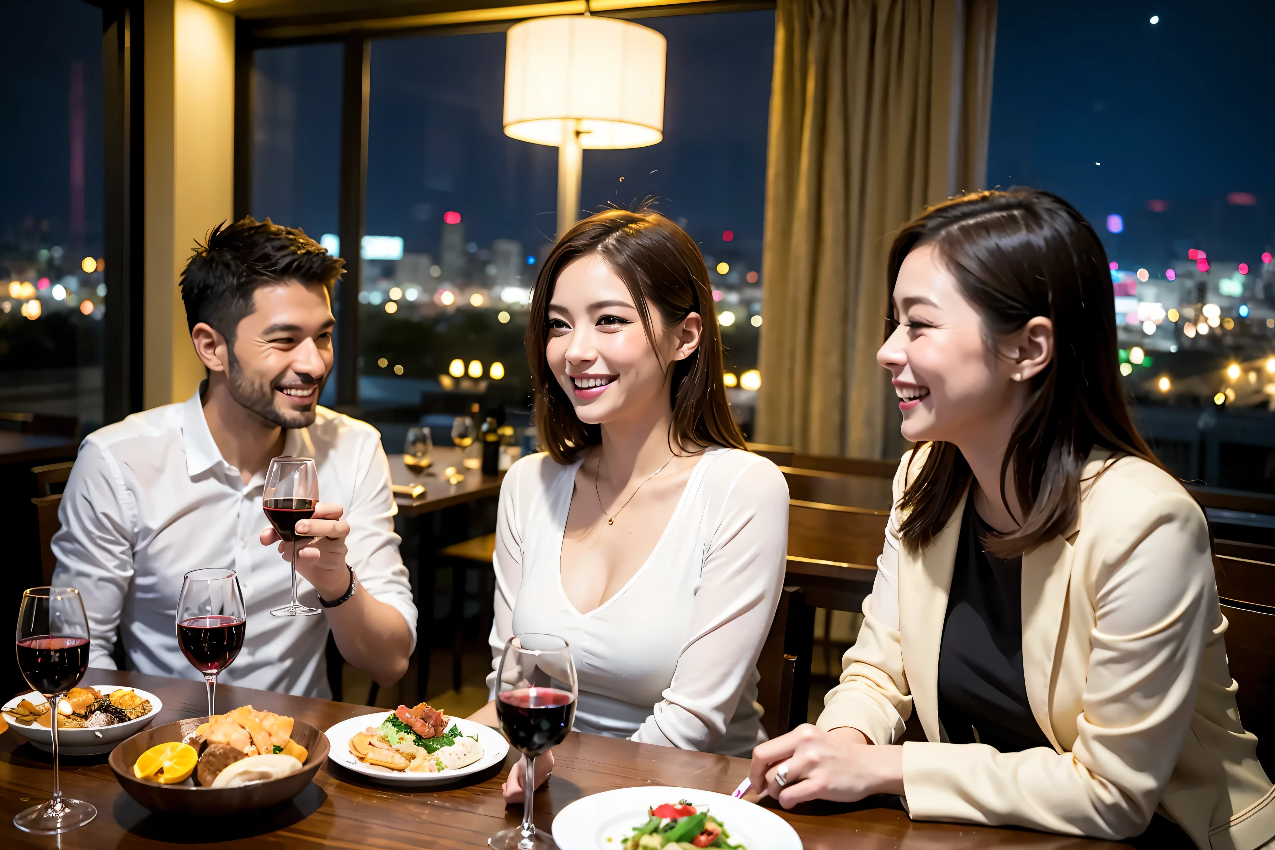 64k, UHD, highest quality, masterpiece: 1.2), (realistic, photorealistic: 1.37), Super detailed, celebration party、beauty、beautiful mature woman、3 women who love wine、three men、Tokyo、Yokohama、champagne、sparkling wine、winter night、restaurantでワイン宴会、(slimな男女4名),(Wine party for 5 people)、(slimフェイス),Happy、 最高なsmile、Fox Face、Berry Short、(because I&#39;thin), (brown hair), (shortcut), long sleeve shirt、winter fashion、Japanese、Dutch、German、Portuguese、Belgian、Italian、french, (gushing), (slimボティ), (brown hair), (shortcut), 端正なbeauty、cheeks blush a little, (34 years old), 38 years old,32 years old、40 years old、 A beautiful and detailed night view spreads out outside the window......., restaurant, wine glassが座っている, At night, in a prominent place (from the Upper body) nova frog style, actress, model, Upper body, White wine, slim, wine glass, Very beautiful night view, wine glass Put in the Middle, Happy smile, (smile: 1.15), 