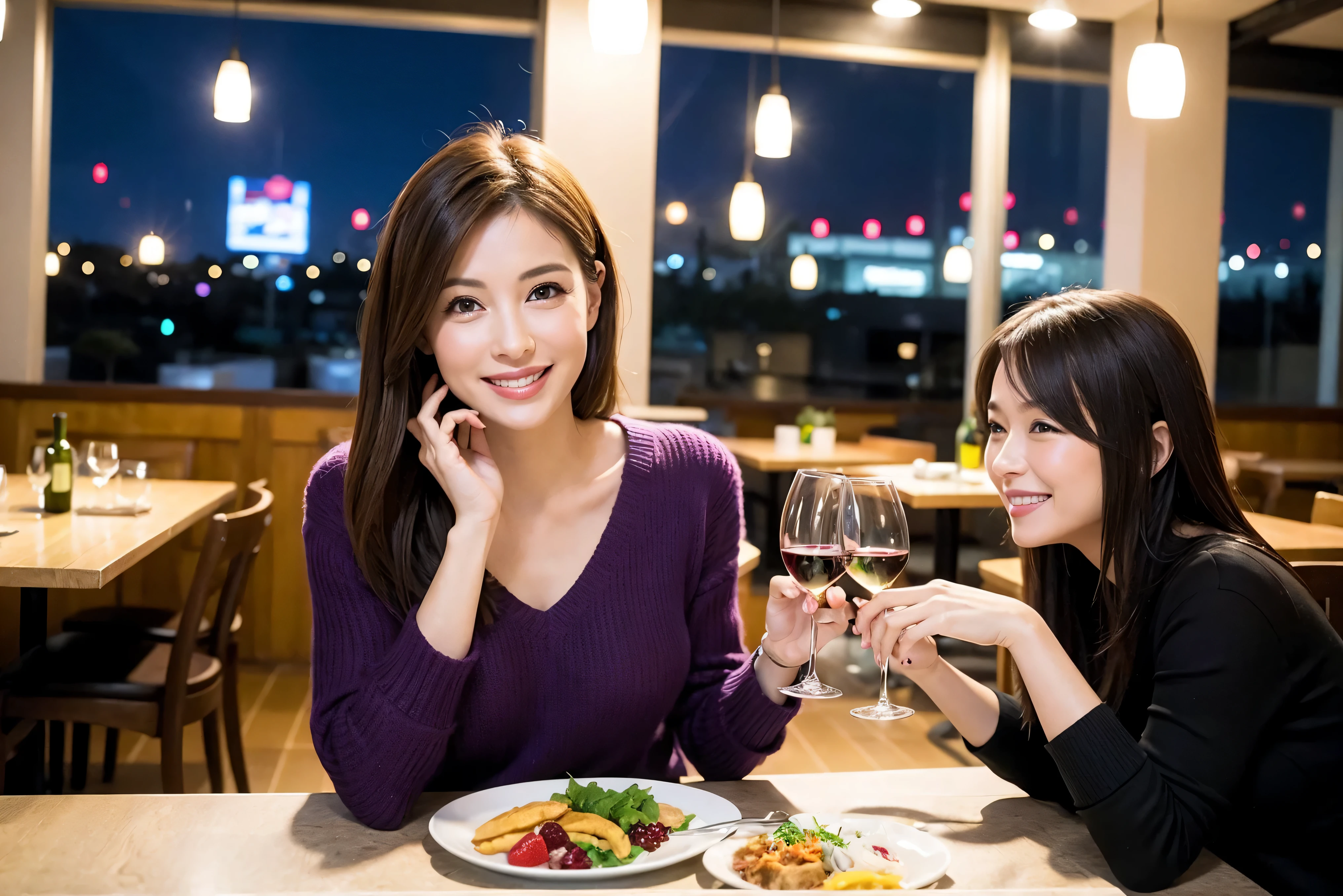 64k, UHD, highest quality, masterpiece: 1.2), (realistic, photorealistic: 1.37),やわらかなsmile、gentle expression、 Super detailed, celebration party、beauty、charm、beautiful mature woman、3 women who love wine、three men、Tokyo、Yokohama、champagne、sparkling wine、winter night、restaurantでワイン宴会、(slimな男女4名),(Wine party for 5 people)、(slimフェイス),Happy、 最高なsmile、Fox Face、Berry Short、(because I&#39;thin), (brown hair), (shortcut), long sleeve shirt、winter fashion、Columbia、Brazilian、Japanese、Dutch、German、Portuguese、Belgian、Italian、french, (gushing), (slimボティ), (brown hair), (shortcut), 端正なbeauty、cheeks blush a little, (41 years old), 38 years old, 35 years old、32 years old、 A beautiful and detailed night view spreads out outside the window.........., restaurant, wine glassが座っている, At night, in a prominent place (from the Upper body) nova frog style, actress, model, Upper body, White wine, slim, wine glass, Very beautiful night view, wine glass Put in the Middle, Happy smile, (smile: 1.15), 