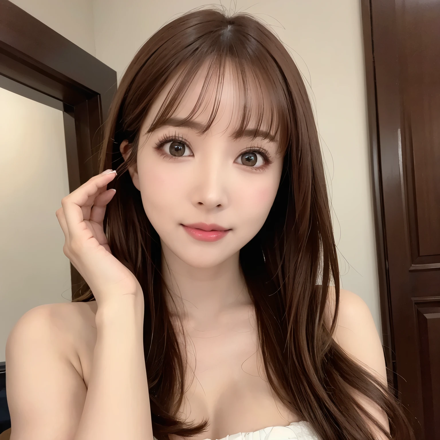 (highest quality、table top、8K、best image quality、Award-winning work)、one beautiful woman、Shining beautiful skin、Shining ultra-high definition skin、(accurate anatomy:1.1)、A gentle smile looking at me、(Photo from the waist up:1.1)、stand gracefully、(Blurry and simple background:1.3)、portrait photography、(draw softly and smoothly:1.1)、very romantic、光を受けてShining beautiful skin、(The most moody and romantic warm lighting:1.1)、(the most detailed and perfect face:1.1)、(most detailed glowing eyes:1.1)、Super high-definition sparkling eyes、Ultra High Definition Face、ultra high definition hair、Beautiful skin with ultra-high definition gloss and moisture、Super high definition perfect beautiful teeth、Ultra high definition fair skin