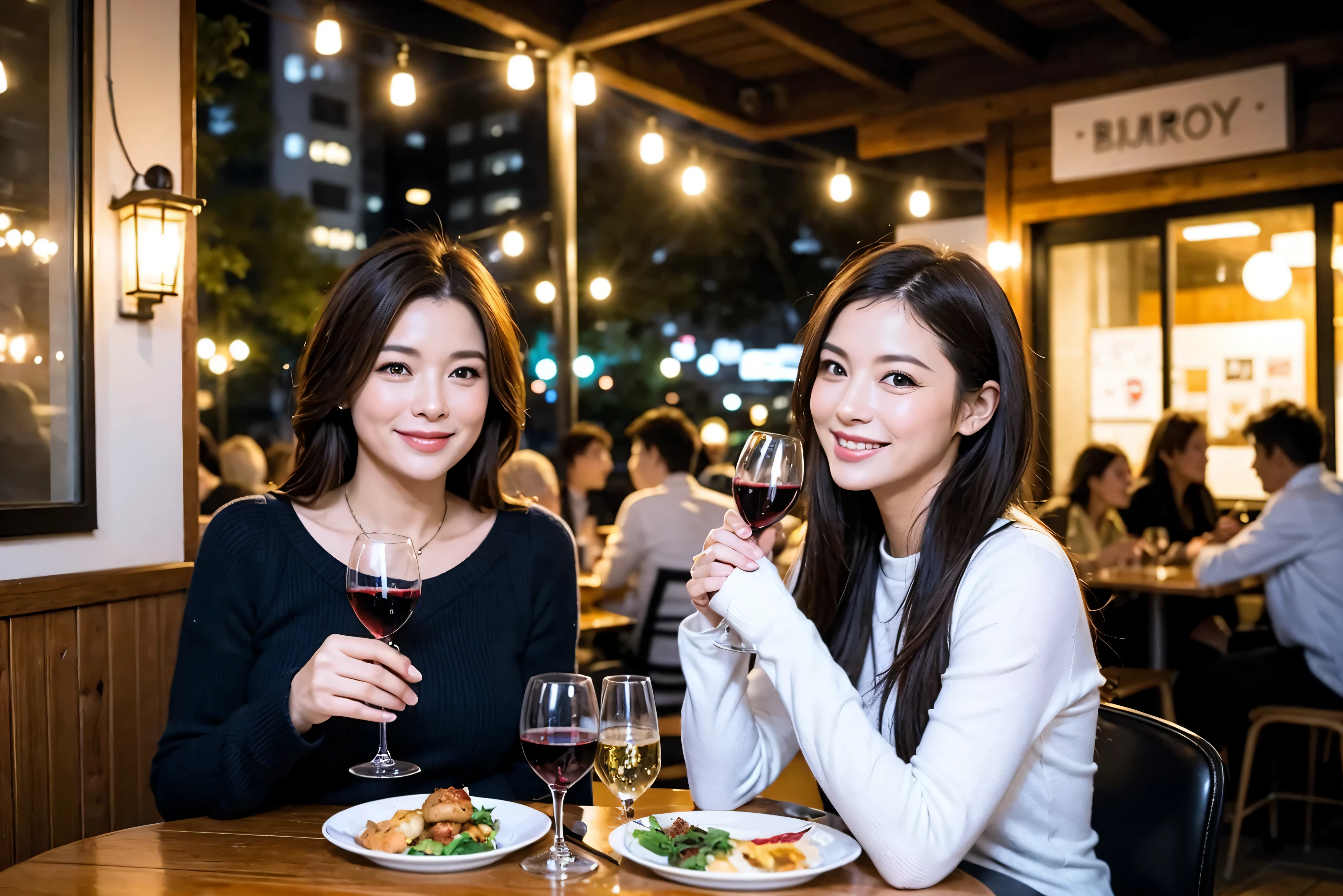 64k, UHD, highest quality, masterpiece: 1.2), (realistic, photorealistic: 1.37),やわらかなsmile、gentle expression、 Super detailed, celebration party、beauty、charm、beautiful mature woman、3 women who love wine、three men、Tokyo、Yokohama、champagne、sparkling wine、winter night、restaurantでワイン宴会、(slimな男女4名),(Wine party for 5 people)、(slimフェイス),Happy、 最高なsmile、Fox Face、Berry Short、(because I'thin), (brown hair), (shortcut), long sleeve shirt、winter fashion、Columbia、Brazilian、Japanese、Dutch、German、Portuguese、Belgian、Italian、french, (gushing), (slimボティ), (brown hair), (shortcut), 端正なbeauty、cheeks blush a little, (41 years old), 38 years old, 35 years old、32 years old、 A beautiful and detailed night view spreads out outside the window.........., restaurant, wine glassが座っている, At night, in a prominent place (from the Upper body) nova frog style, actress, model, Upper body, White wine, slim, wine glass, Very beautiful night view, wine glass Put in the Middle, Happy smile, (smile: 1.15),