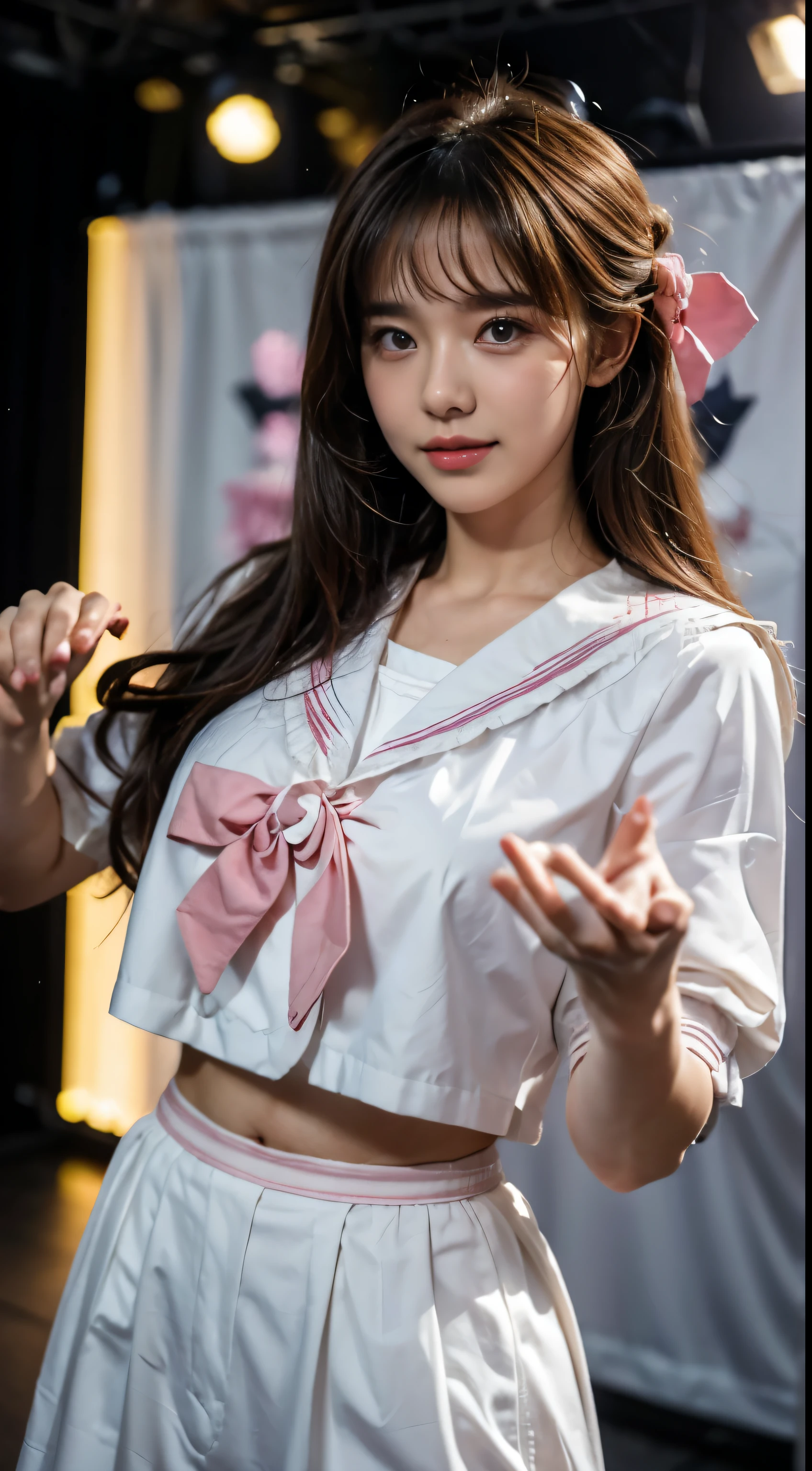 Top idol beautiful girl、A peerless beautiful girl、historical beautiful girl、fine texture、Moisturizing the skin、perfect style、erotic body、sailor suit、下着が透けて見えるsailor suitの衣装を着て、(dance violently:1.3)、On stage with a luxurious set、in front of a packed audience、look at the audience、18-year-old