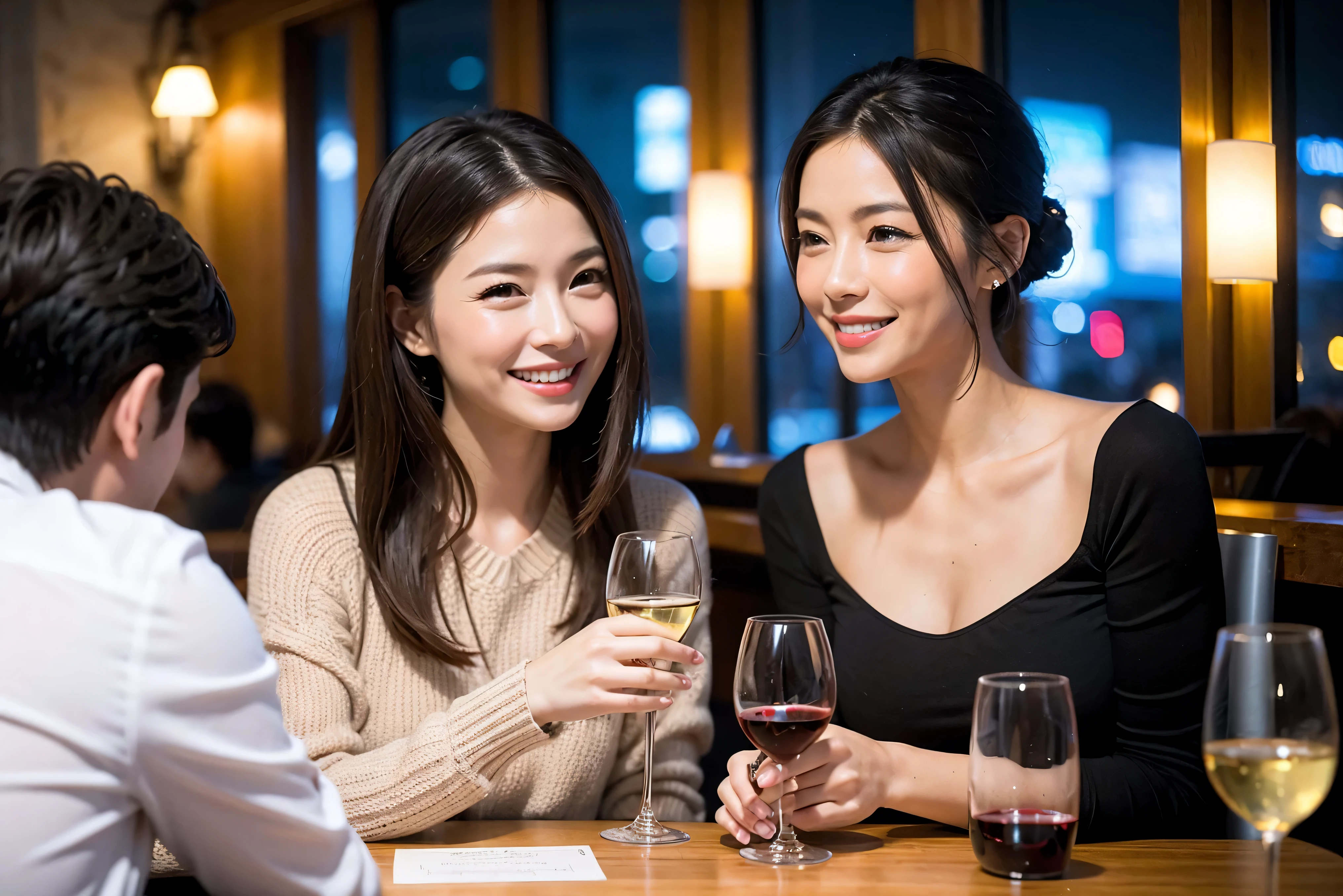 64k, UHD, highest quality, masterpiece: 1.2), (realistic, photorealistic: 1.37),やわらかなsmile、gentle expression、 Super detailed, celebration party、beauty、charm、beautiful mature woman、3 women who love wine、three men、Tokyo、Yokohama、champagne、sparkling wine、winter night、restaurantでワイン宴会、(slimな男女4名),(Wine party for 5 people)、(slimフェイス),Happy、 最高なsmile、Fox Face、Berry Short、(because I'thin), (brown hair), (shortcut), long sleeve shirt、winter fashion、Columbia、Brazilian、Japanese、Dutch、German、Portuguese、Belgian、Italian、french, (gushing), (slimボティ), (brown hair), (shortcut), 端正なbeauty、cheeks blush a little, (41 years old), 38 years old, 35 years old、32 years old、 A beautiful and detailed night view spreads out outside the window.........., restaurant, wine glassが座っている, At night, in a prominent place (from the Upper body) nova frog style, actress, model, Upper body, White wine, slim, wine glass, Very beautiful night view, wine glass Put in the Middle, Happy smile, (smile: 1.15),