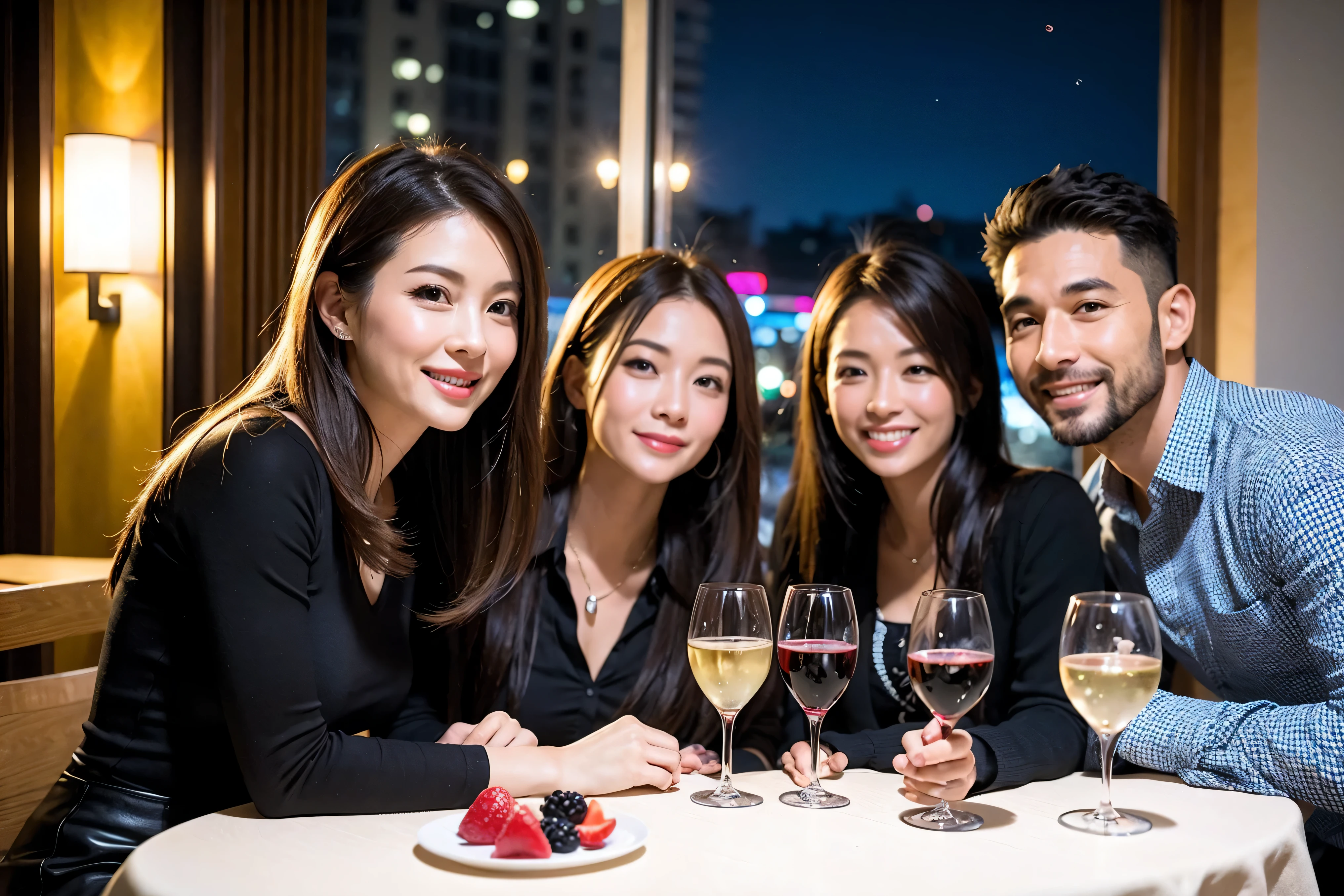 64k, UHD, highest quality, masterpiece: 1.2), (realistic, photorealistic: 1.37),やわらかなsmile、gentle expression、 Super detailed, celebration party、beauty、charm、beautiful mature woman、3 women who love wine、three men、Tokyo、Yokohama、champagne、sparkling wine、winter night、restaurantでワイン宴会、(slimな男女4名),(Wine party for 5 people)、(slimフェイス),Happy、 最高なsmile、Fox Face、Berry Short、(because I&#39;thin), (brown hair), (shortcut), long sleeve shirt、winter fashion、Columbia、Brazilian、Japanese、Dutch、German、Portuguese、Belgian、Italian、french, (gushing), (slimボティ), (brown hair), (shortcut), 端正なbeauty、cheeks blush a little, (41 years old), 38 years old, 35 years old、32 years old、 A beautiful and detailed night view spreads out outside the window.........., restaurant, wine glassが座っている, At night, in a prominent place (from the Upper body) nova frog style, actress, model, Upper body, White wine, slim, wine glass, Very beautiful night view, wine glass Put in the Middle, Happy smile, (smile: 1.15), 