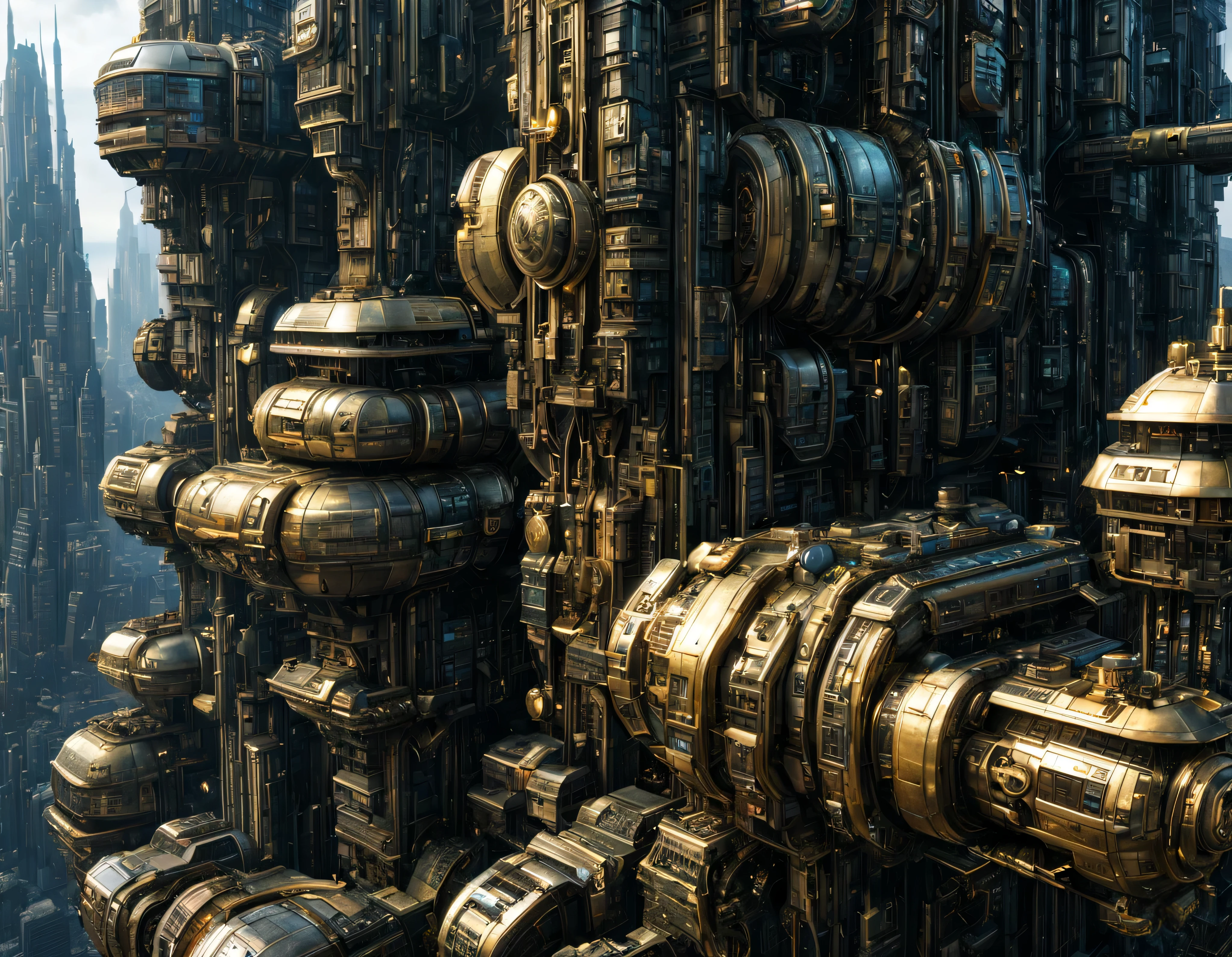 megacity, megalopolis of an imaginary world of science fiction and maximum fantasy, con inmensos edificios ovalados agrupados de metal y cristal donde predomina el oro. imagen bien definida 8k, (intrincados detalles de la maquina), con muchos edificios juntos.(obra maestra de superior calidad).(imagen fotorrealista), nitidez absoluta hasta el fondo.