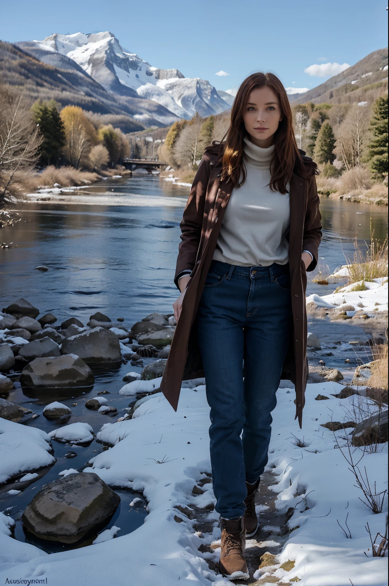 female, 28 years old, rousse, yeux bleus, pantalon marron, manteau fourrure blanc, neige, soleil, montagne, forest, pont, river