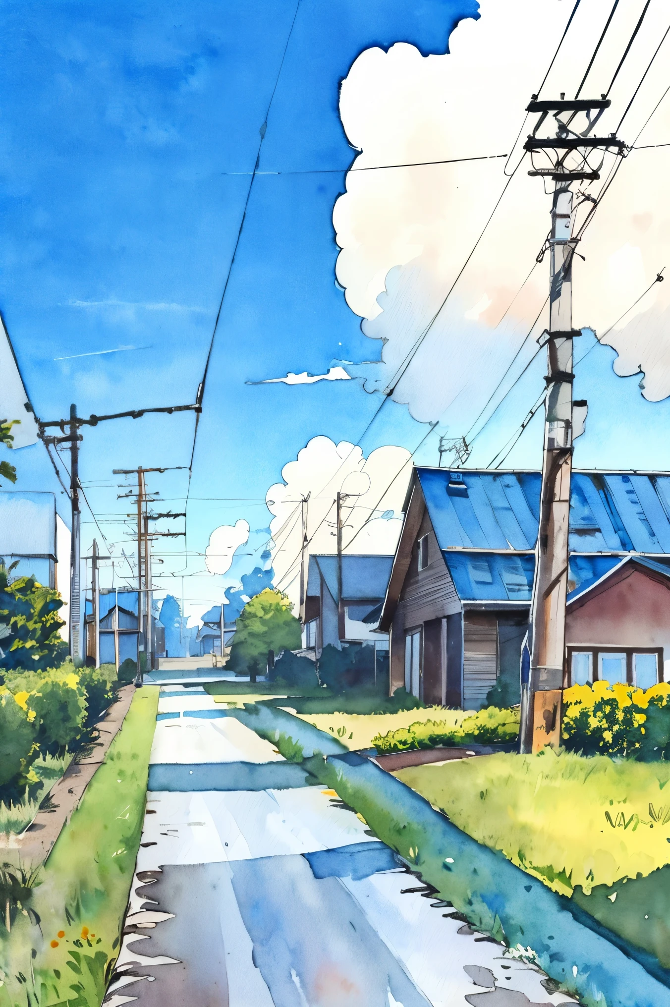 no humans, outdoors, power lines, house, sky, utility pole, tree, scenery, traditional media, day, cloud, plant, blue sky, road, building, bush, grass, painting (medium), watercolor (medium), town