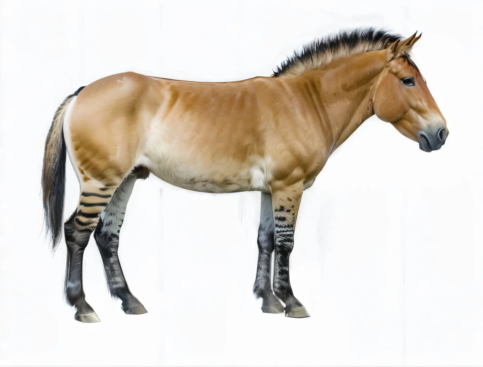 there is a high-resolution photograph of a horse with a striped mane, anatomically correct primitive equine, mane, equine, horse, proud looking, mule, bronze - skinned, full - body and head view, stripes on its legs, full body and head view, frontal pose