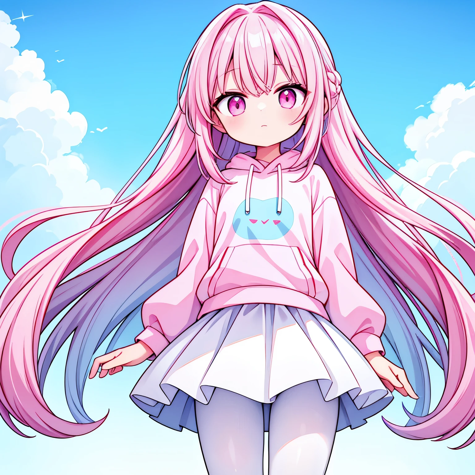light blue long hair,Pink and white sweatshirt,white pantyhose,pink eyes,white skirt