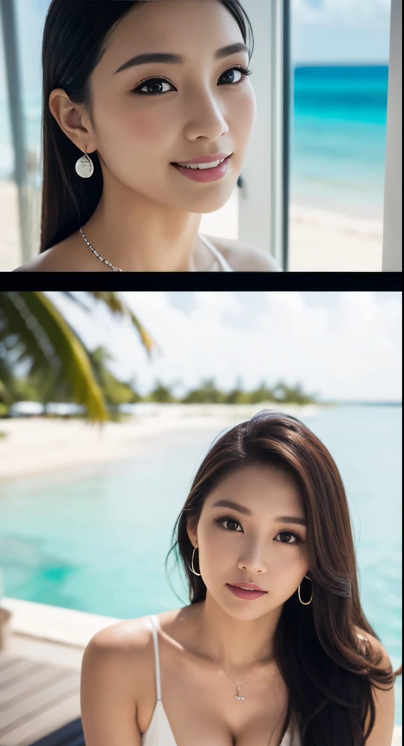 table top, highest quality, realistic, super detailed details, finely, High resolution, 8k wallpaper, (1 female), Beautiful woman、korean style makeup、sharp face、small face、droopy eyes、firm chest、cleavage、Light brown fluffy long hair, (Overwater cottages in the Maldives,Crystal clear sea seen from the window, Views with white sand beaches and palm trees)、highly detailed background、sharp focus, perfect dynamic composition, beautiful and detailed eyes, Detailed realistic skin texture, smile, on the road、brown pupils、Swaying earrings、 necklace、Show 1'~ side、
