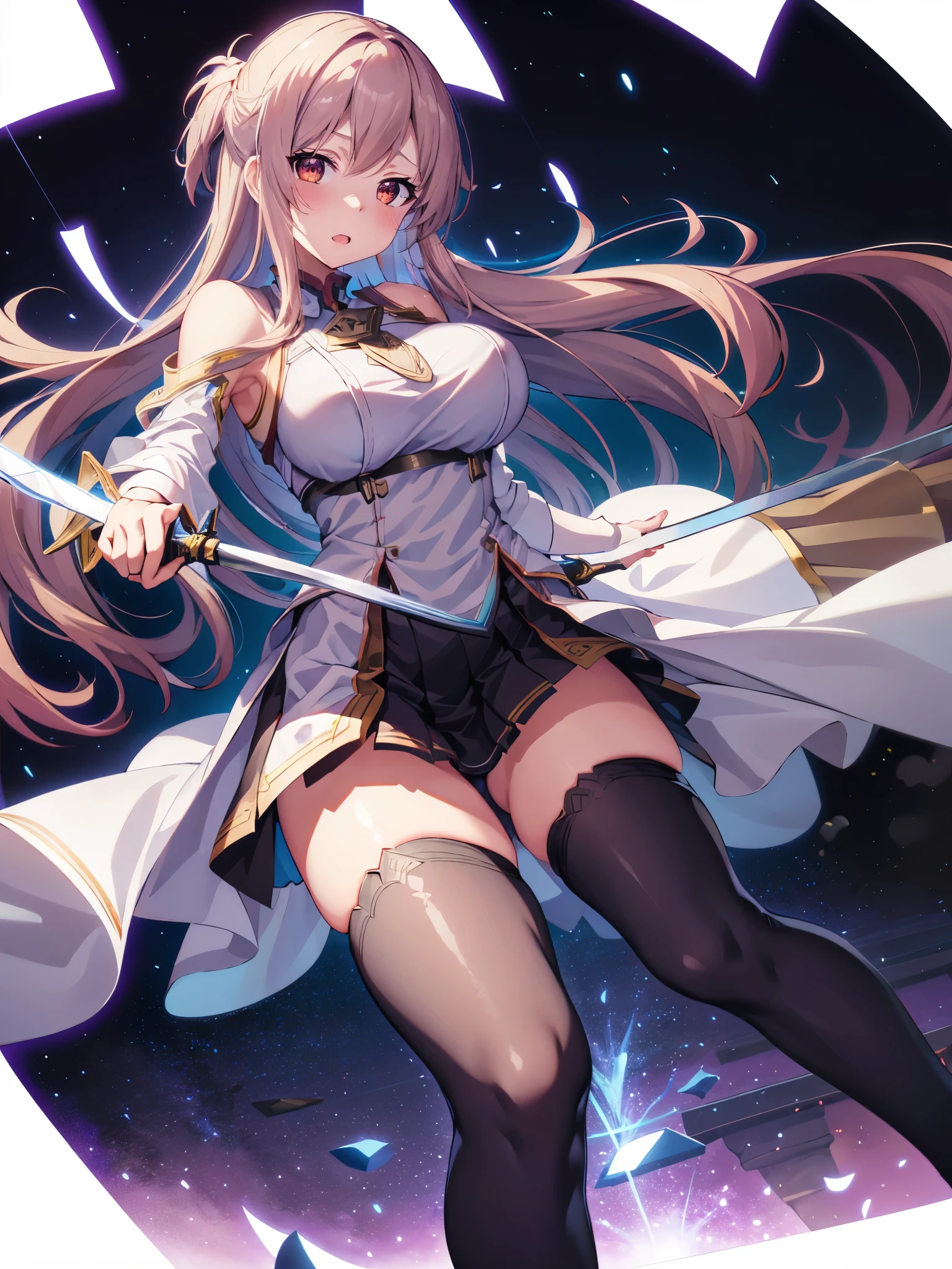 (1 girl),(high quality), (High resolution), (extremely detailed), (8K),(focus on lower body),(CG),female university student、beautiful girlfriend、magic knight costume、Magic Swordsman、Sorcerer、pleated skirt、sexy panties、(black knee high stockings:1.2)、(erect nipple shape)、No shoes、(neutral white lighting),sexy pose