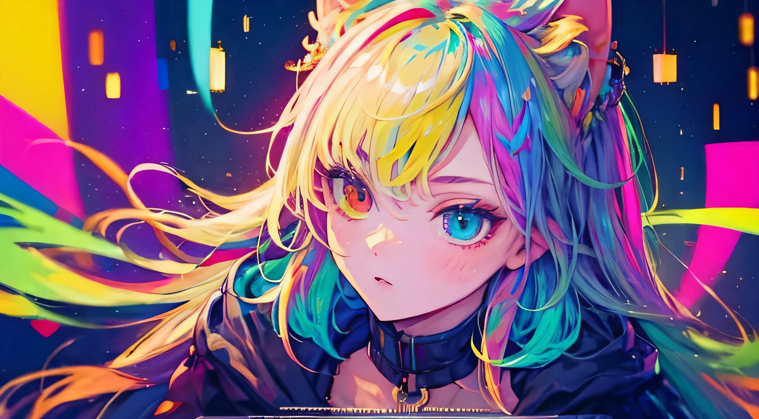 {{masterpiece}}, best quality, cinematic lighting, lens flare, medium breasts, beautiful detail eyes,  multicolor hair, colorful retro light particles, heterochromia, (colorful:1.5), (colorful hair:1.5),