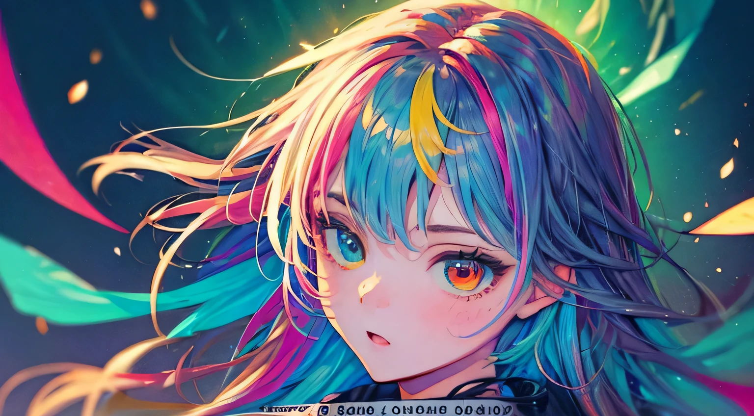 {{masterpiece}}, best quality, cinematic lighting, lens flare, medium breasts, beautiful detail eyes, multicolor hair, colorful retro light particles, heterochromia, (colorful:1.5), (colorful hair:1.5),