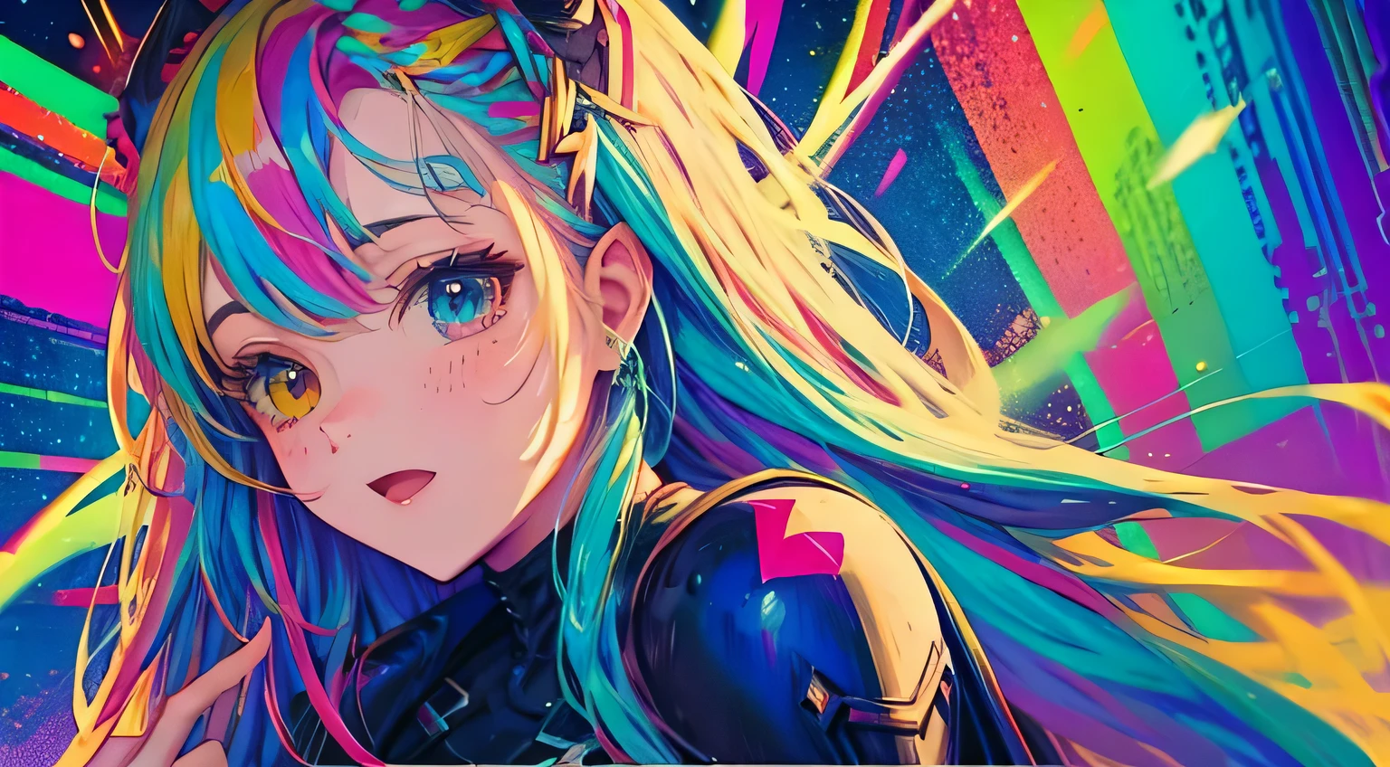 {{masterpiece}}, best quality, cinematic lighting, lens flare, medium breasts, beautiful detail eyes, multicolor hair, colorful retro light particles, heterochromia, (colorful:1.5), (colorful hair:1.5),