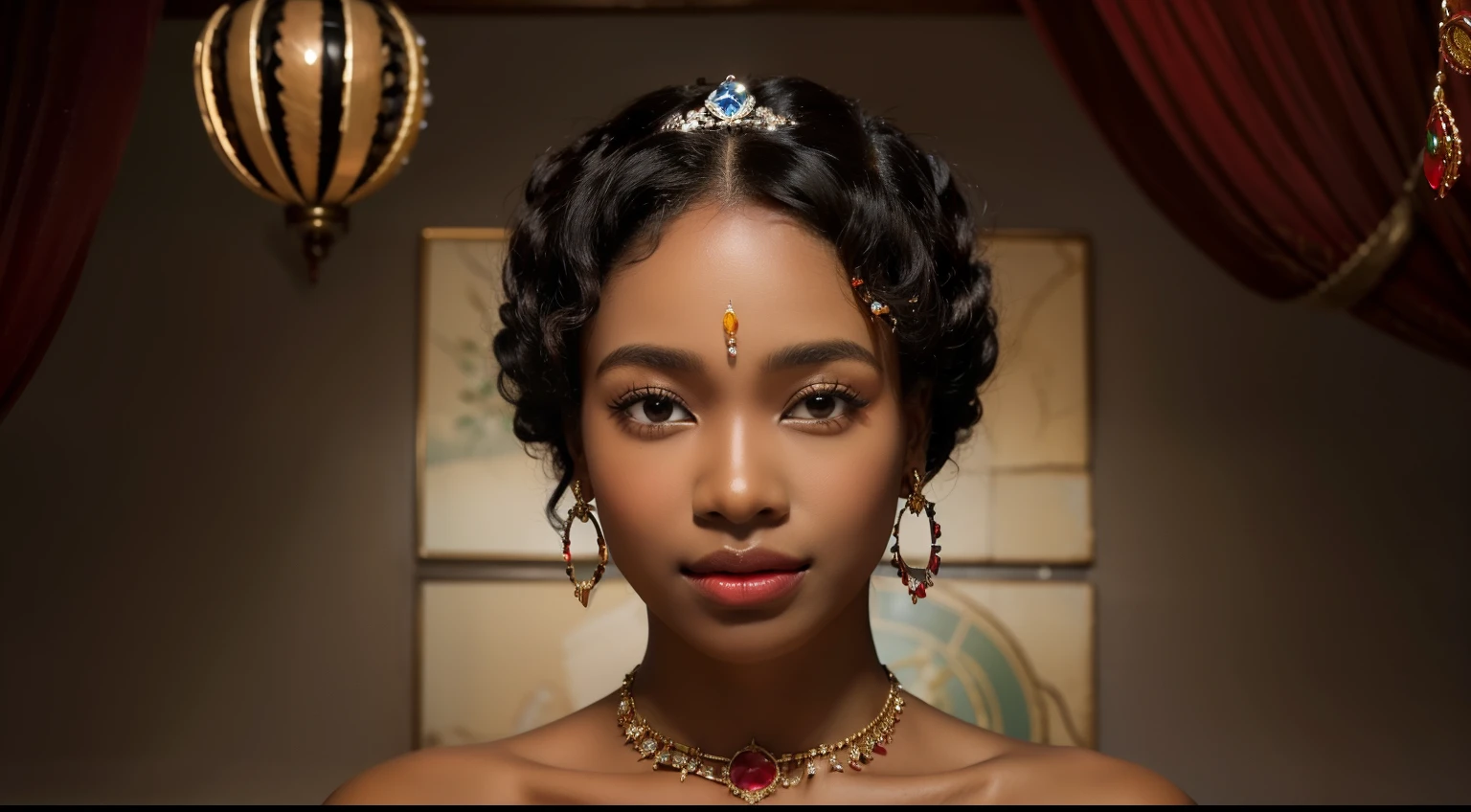 A close up of a stunning African princess, with dark skin that glows under the vibrant hues ofintricate African jewellery. Her neck adorned with beads and pendants, cascading down her chest to meet the elegant earrings that hang from her earlobes. The intricate designs of her jewellery tell stories of African culture and history.
With a serene expression, her dark eyes shimmer like precious gems, framed by lush curls that bounce with every slight movement. Her lips, painted in a bold red hue, curl into a gentle smile.
The focus of the photo draws you in, transporting you to a magical land of rich