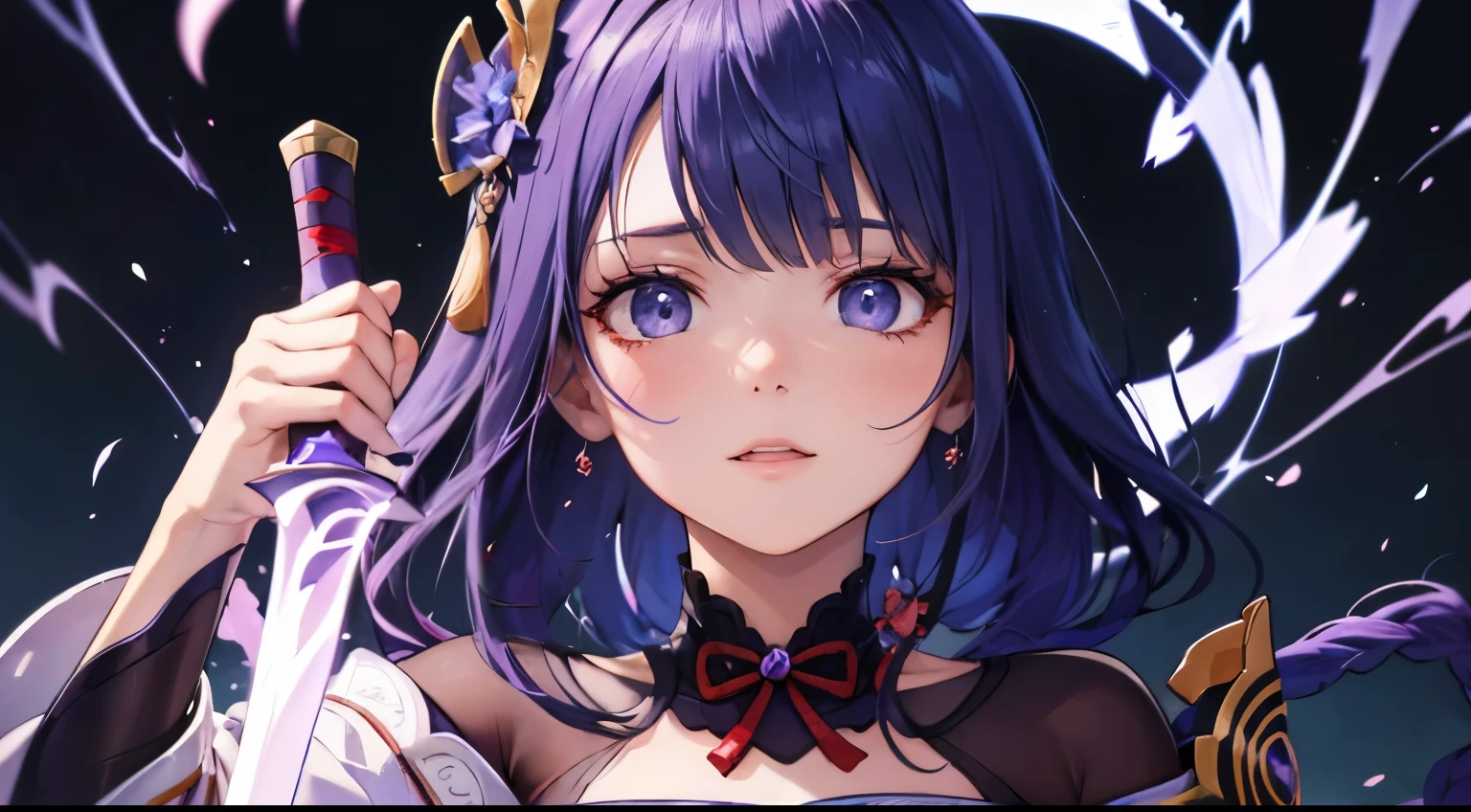 (best quality,highres),Raiden Shogun from Genshin,gaze,anime style,beautiful detailed eyes,beautiful detailed lips,long braided purple hair,attentive cute gaze,electricity lightning background,katana sword,stylish,sharp focus,vivid colors