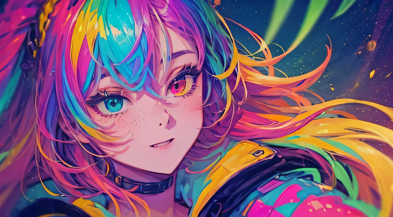 {{masterpiece}}, best quality, cinematic lighting, lens flare, medium breasts, beautiful detail eyes, multicolor hair, colorful retro light particles, shy smile, retro art style, heterochromia, (colorful:1.5), (colorful hair:1.5),