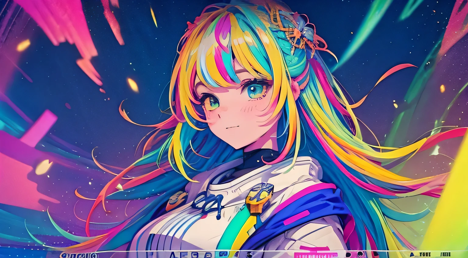 {{masterpiece}}, best quality, cinematic lighting, lens flare, medium breasts, beautiful detail eyes, multicolor hair, colorful retro light particles, shy smile, retro art style, heterochromia, (colorful:1.5), (colorful hair:1.5),