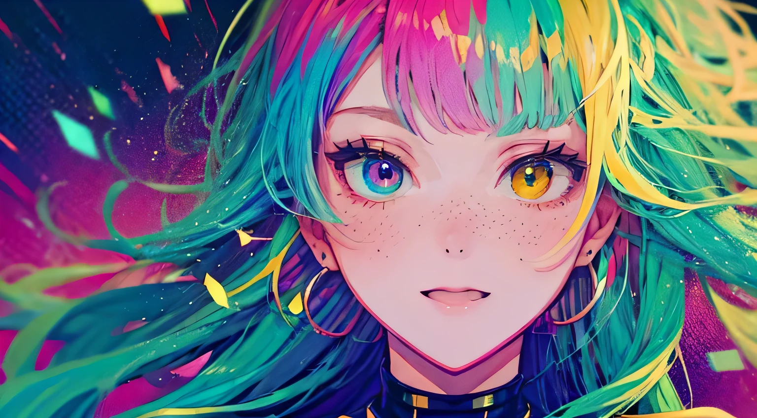 {{masterpiece}}, best quality, cinematic lighting, lens flare, medium breasts, beautiful detail eyes, multicolor hair, colorful retro light particles, shy smile, retro pop art style, heterochromia, (colorful:1.5), (colorful hair:1.5),