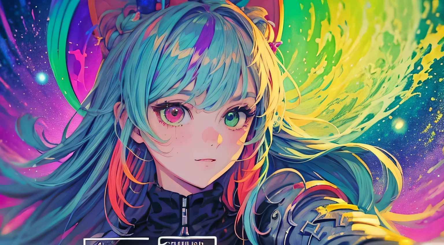 {{masterpiece}}, best quality, cinematic lighting, lens flare, medium breasts, beautiful detail eyes, multicolor hair, colorful retro light particles, shy smile, retro pop art style, heterochromia, (colorful:1.5), (colorful hair:1.5),