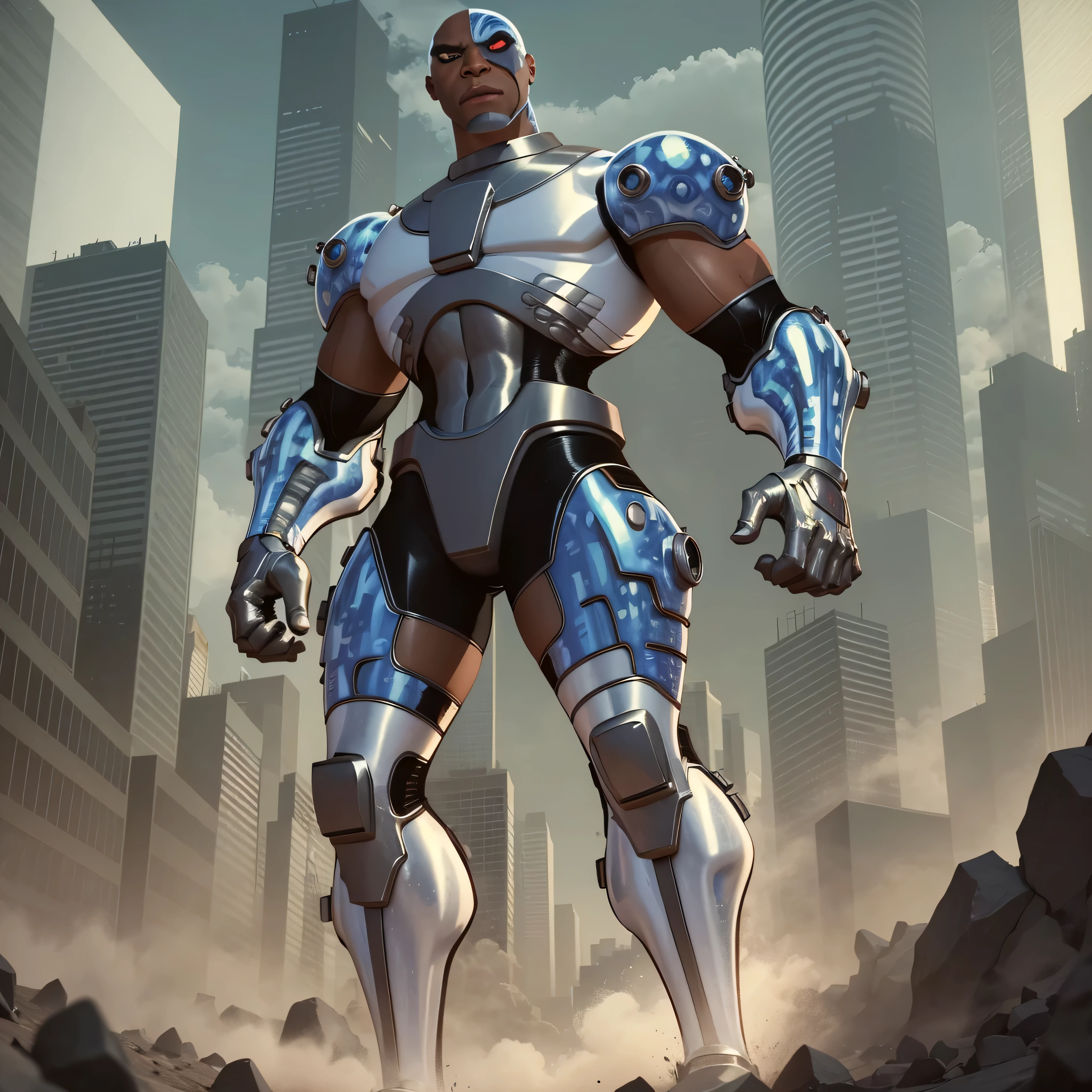 Full body image, DC Comics, Cyborg Victor Stone, black man, photo-realistic, octane render, unreal engine, ultra-realistic