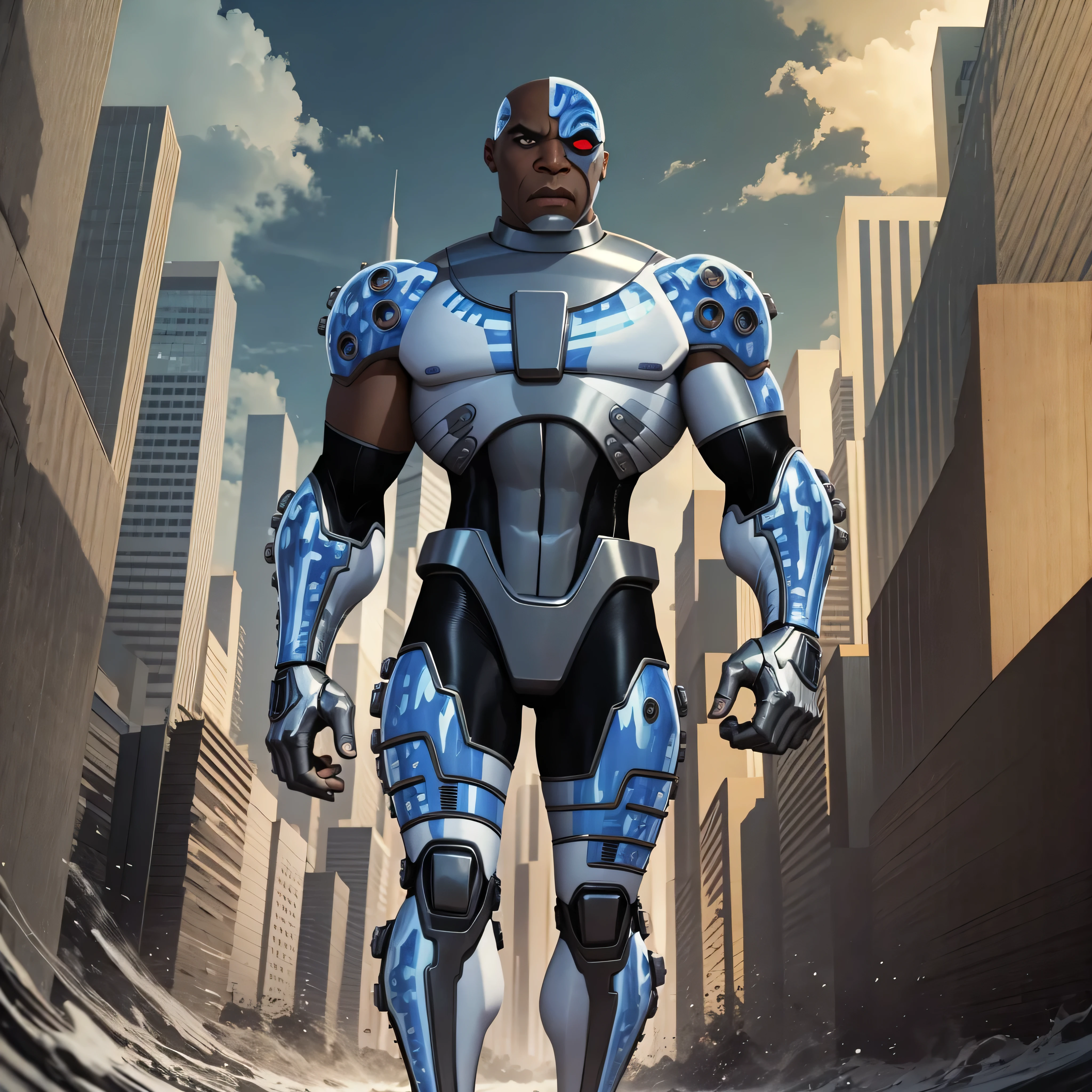 Full body image, DC Comics, Cyborg Victor Stone, black man, photo-realistic, octane render, unreal engine, ultra-realistic