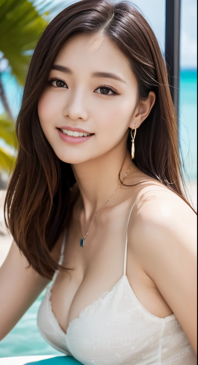 ((最high quality, 8k, masterpiece: 1.3)), (close:0.75), Realistic, Sharp focus, high quality, High resolution, Japanese,Woman with huge 40 inch bust、16 year old idol face、Chubby body type、A girl with huge breasts （Wearing a triangle bikini), ((Very strong sunlight)), smile, Gold Mesh Long Hair,ホテルのバルコニーでカメラに向かいsmileのアップ、Image of cleavage emphasized by bending forward、