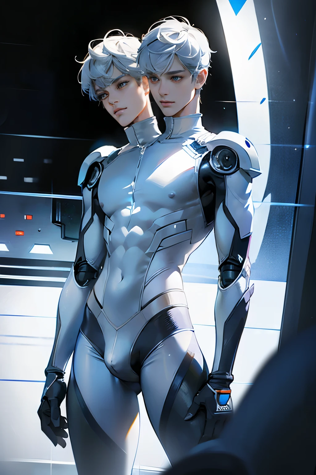(2heads), conjoined dicephalus,1man,(masterpiece,high resolution,ultra - detailed:1.0),1(boy,robot boy),Perfect male body,Look at the camera,Delicate eyes and delicate face,Extremely detailed CG,Unity 8k wallpaper,Complicated details,solo person,Detailed face, (white futuristic skin tight body suit), (futuristic), (toned body with bulge) color difference, Depth of field,dramatic shadow,Ray tracing,Best quality, hands visible, white gloves,(((big bulge)))