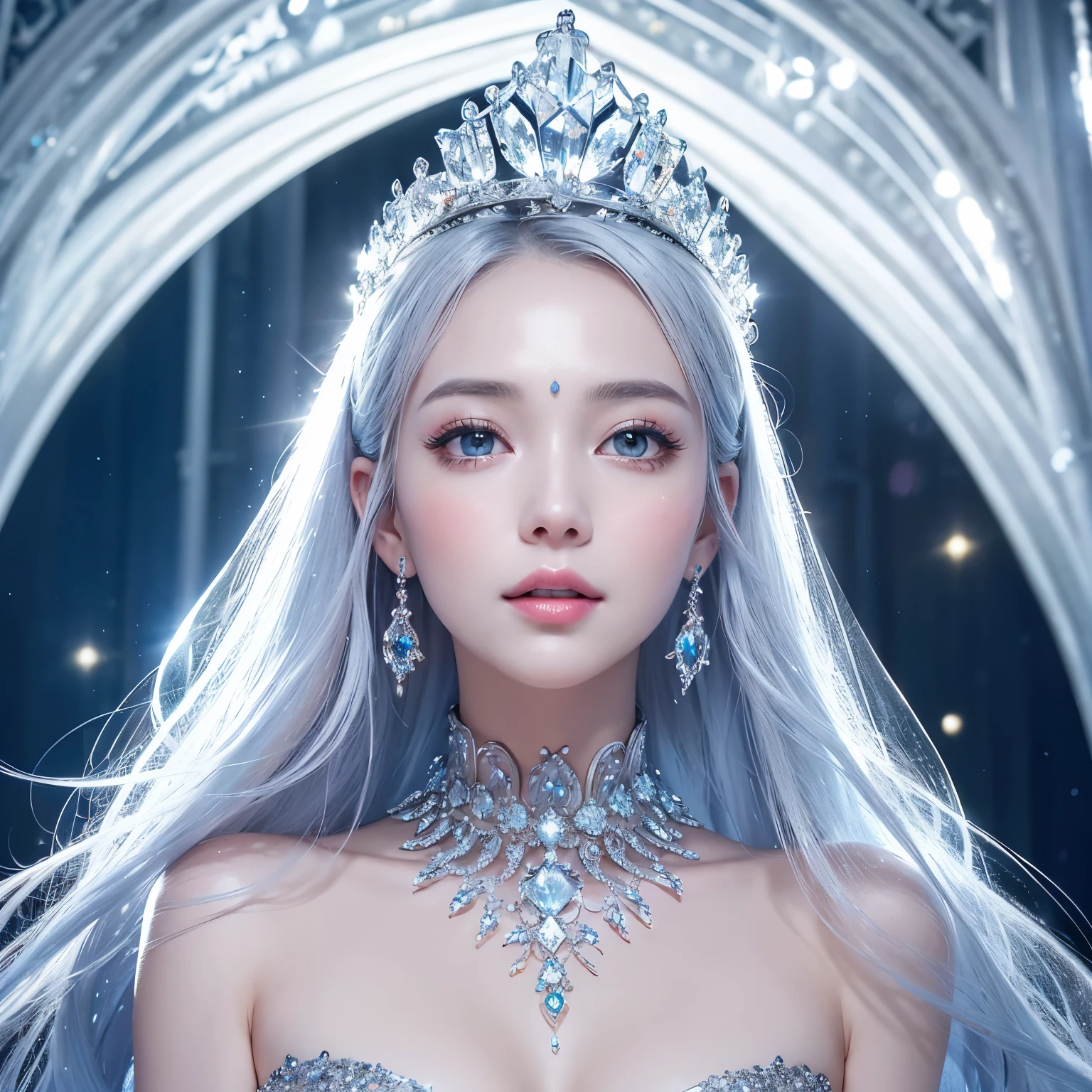 ((highest quality、table top、8K、best image quality、extremely complex and detailed depiction))、one snow princess、(Snow Maiden in the most luxurious palace made of ice:1.1)、(The most elaborate and luxurious sparkling ice palace cathedral:1.2)、(Inside the most fantastic giant palace made of ice:1.2)、(The most fantastic cathedral made of intricate glowing ice:1.2)、(beautiful transparent ice:1.1)、The background is a detailed ice palace、beautiful domed ceiling、(A palace made of intricately shining transparent ice:1.2)、(Elegant palace columns made of ice and crystal:1.05)、(Symmetrical composition when viewed from the front:1.2)、jeweled palace、Inside the symmetrical palace、(very romantic:1.05)、sacred and mysterious palace、(Filled with fantastic light blue light:1.1)、Beautiful shining crystal、The most luxurious and highest quality giant tiara、The most luxurious and highest quality giant necklace、[big breasts]、(skin as white as snow:1.05)、glowing skin、(A glittering silver-white jeweled dress of the highest quality:1.1)、Elegant and beautiful pure white snow dress、elegant decoration、Diamond decoration、artistic decoration、Luxury beyond imagination、the most luxurious decoration in the world、pure white makeup、Dresses that shine in silver、jewelry embellishments、Luxury beyond imagination、the most luxurious decoration in the world、Diamond dust、The most realistic and complex background、Highly detailed and realistic background、the best smile when you look at me、(beautiful snow is falling:1.05)、(close up of princess face:1.2)、(blurred background:1.1)、(mysterious fairy tale fog:1.15)、beautiful silver light blue hair、amazing movie lighting effects、Natural forehead、Complex and detailed background、the most delicate shine、Backgrounds with depth、low contrast、(Surrounded by a fantastic soft light:1.1)