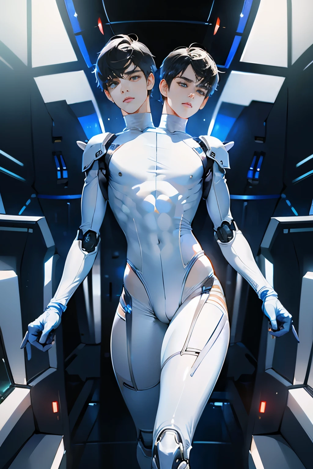 (2heads), conjoined dicephalus,1man,(masterpiece,high resolution,ultra - detailed:1.0),1(boy,robot boy),Perfect male body,Look at the camera,Delicate eyes and delicate face,Extremely detailed CG,Unity 8k wallpaper,Complicated details,solo person,Detailed face, (white futuristic skin tight body suit), (futuristic), (toned body with bulge) color difference, Depth of field,dramatic shadow,Ray tracing,Best quality, hands visible, white gloves,(((big bulge)))