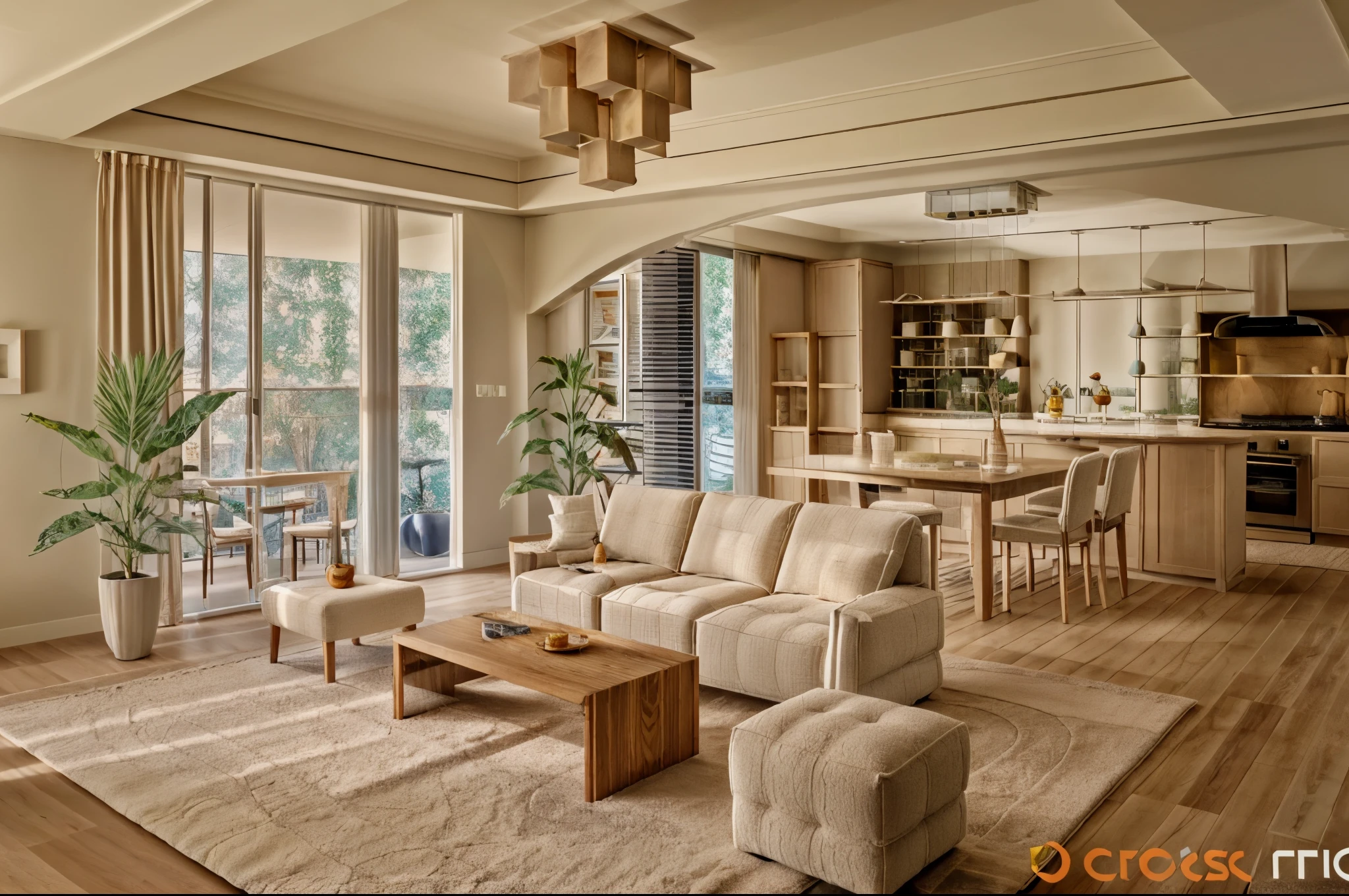 European-style living room，Sectional sofa，carpet，Light wood floors，Milk tea color wall，European style decorative curtains，Floor-to-ceiling windows，outdoor garden，Open plan kitchen