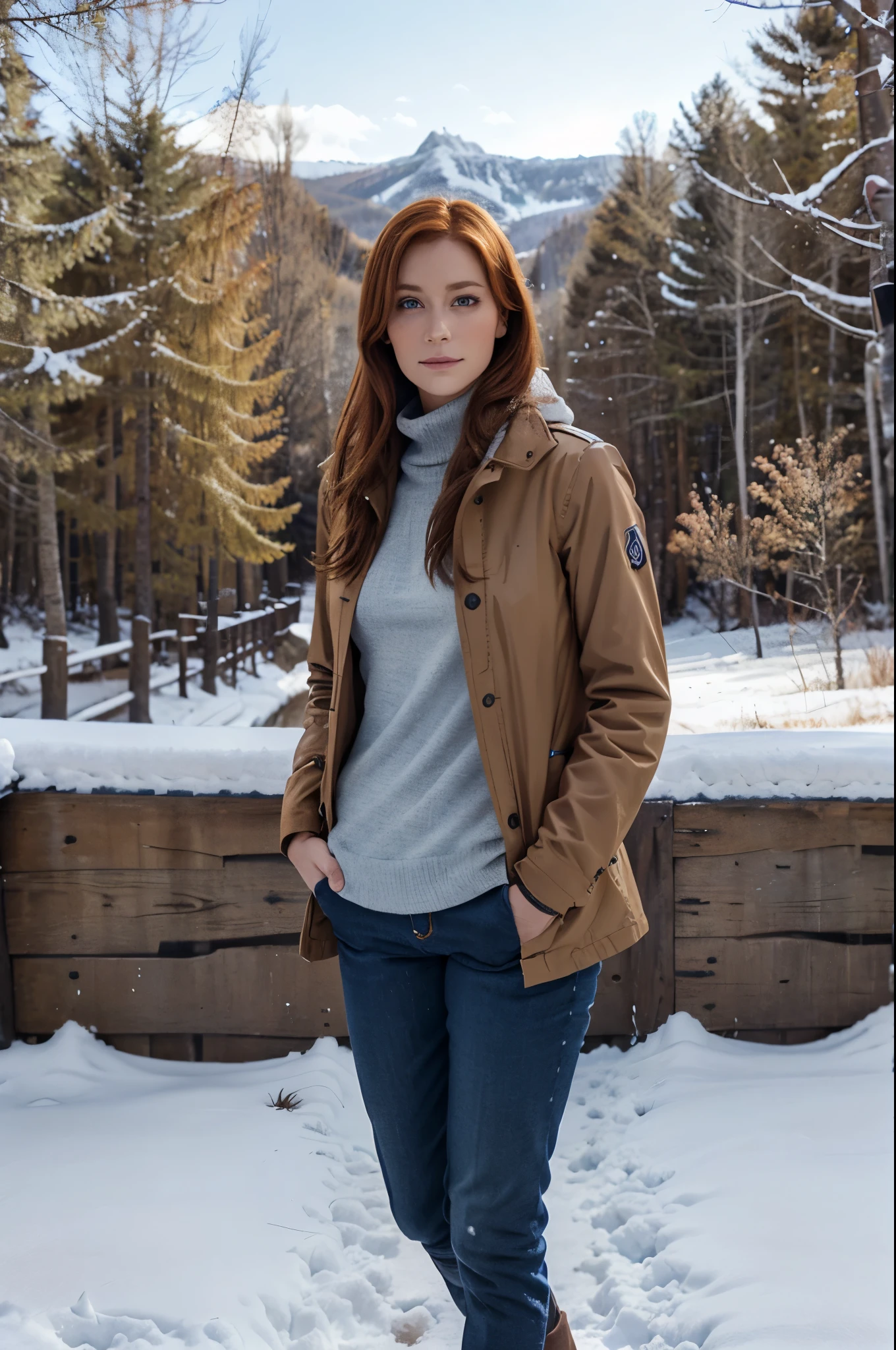 female, 28 years old, rousse, yeux bleus, pantalon marron, manteau fourrure blanc, neige, soleil, montagne, forest, pont, river