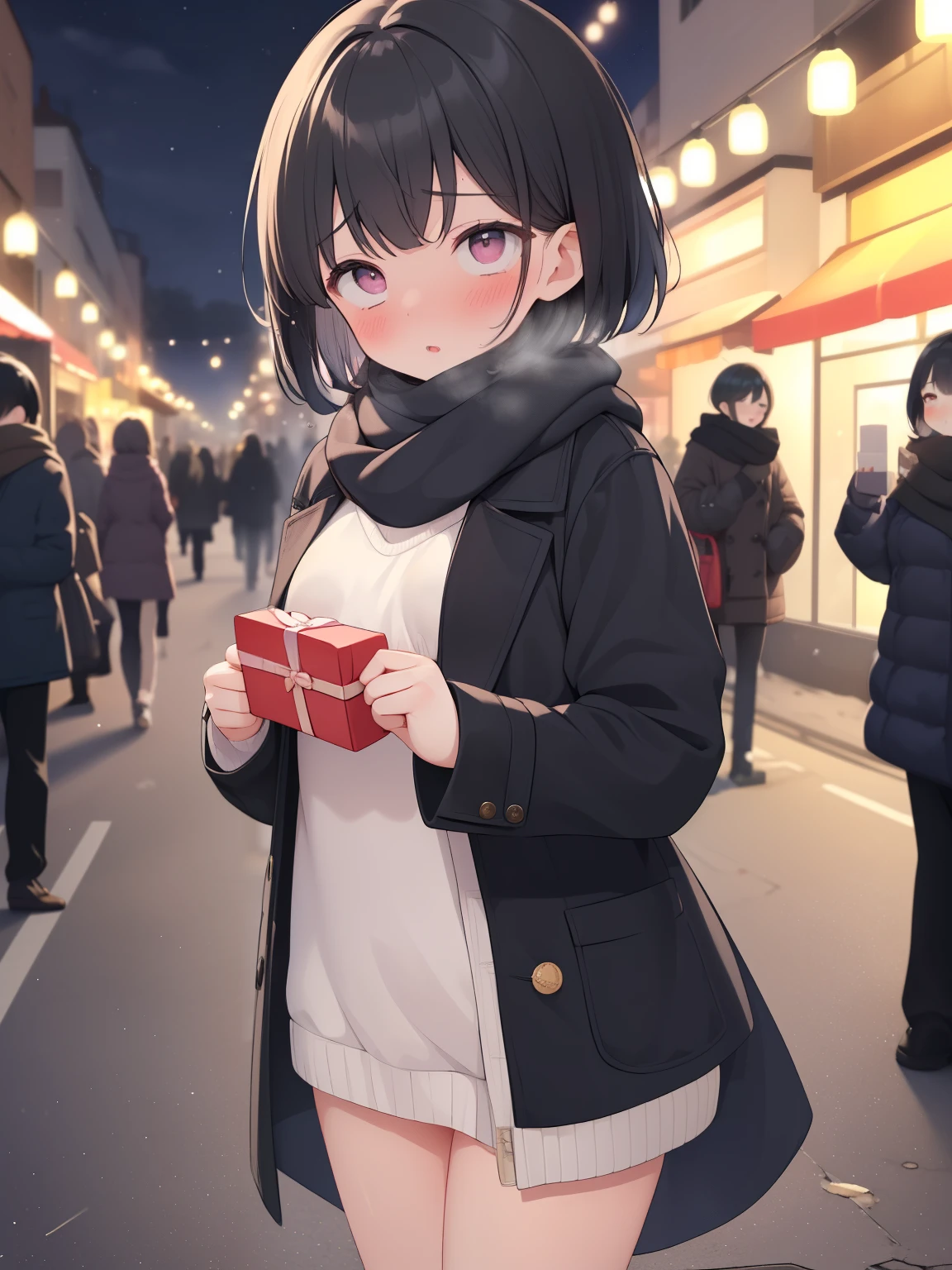 (best quality, master piece）,hold a present with both hands、　short hair、Inward roll、black hair、blush、blush、small breasts、Scarf、Completely naked、winter、street、hold a present with both hands、night、bustling street、There are many people