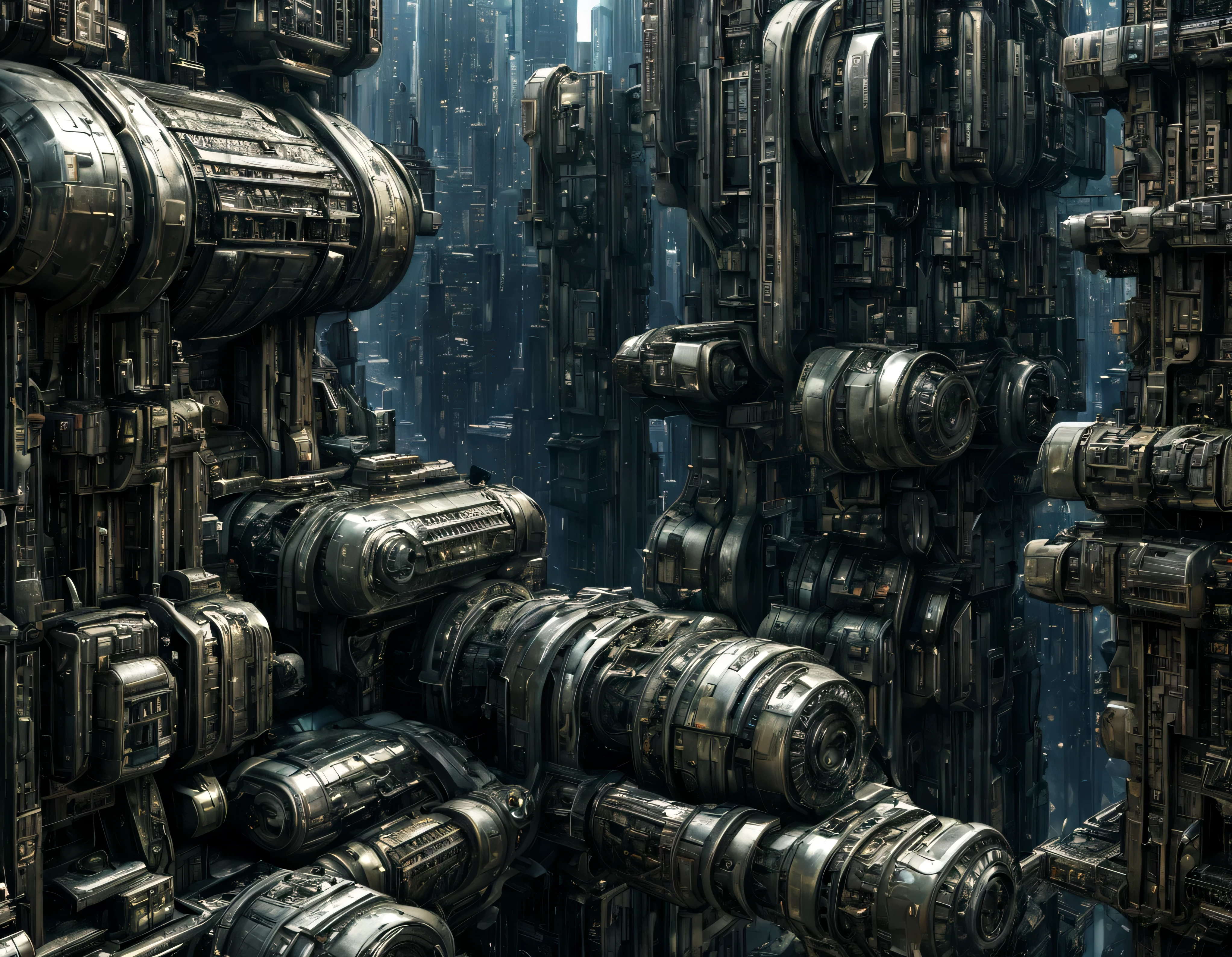 megacity, megalopolis of an imaginary world of science fiction and maximum fantasy, con inmensos edificios ovalados agrupados de metal y cristal donde predomina el bronce. imagen bien definida 8k, (intrincados detalles de la maquina), con muchos edificios juntos.(obra maestra de superior calidad).(imagen fotorrealista), nitidez absoluta hasta el fondo.