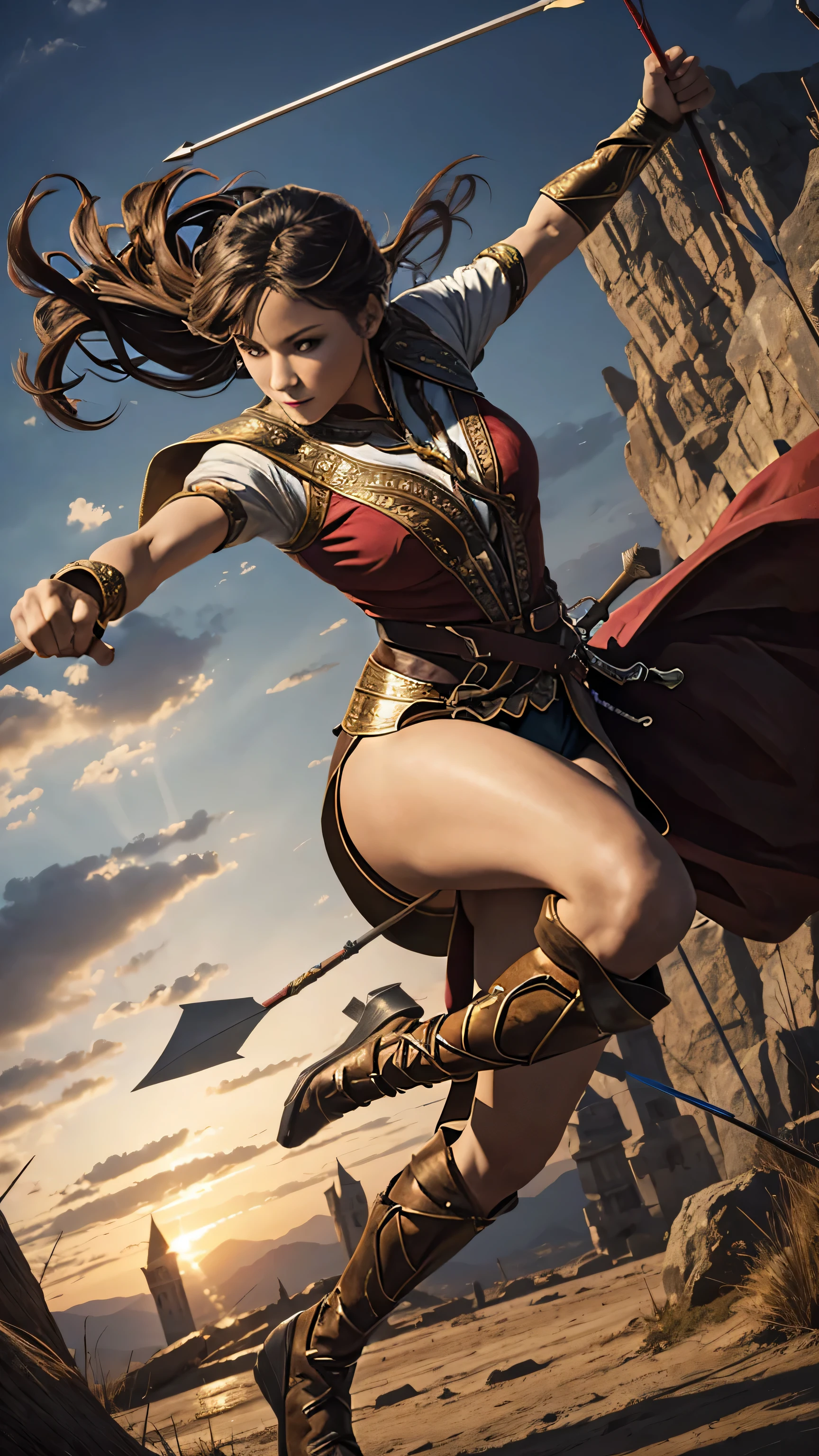 a lady, holding an arrow, fighting scene, flying leg up
