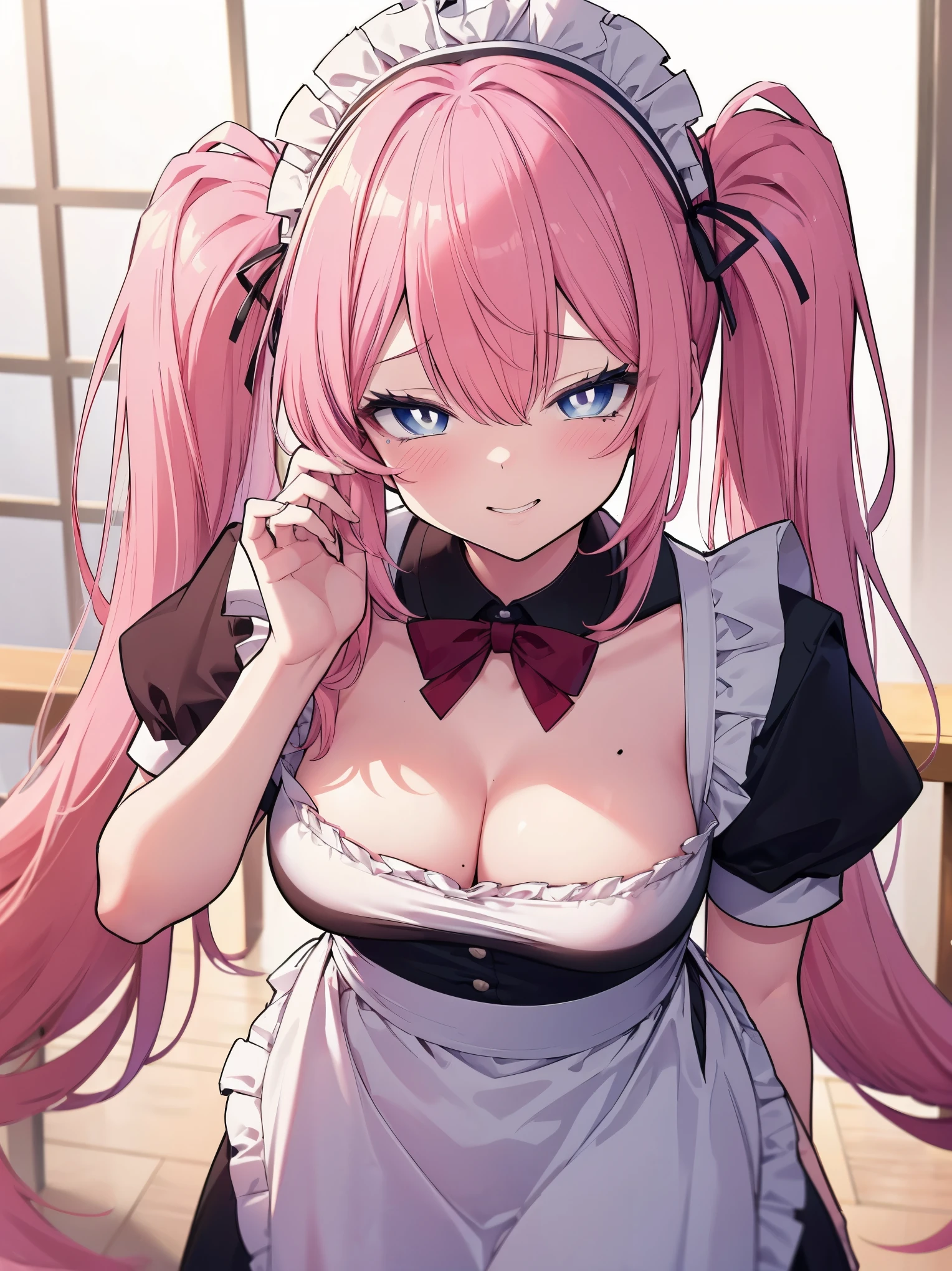 (cowboy shot), (best quality, ultra-high resolution, depth of field:1.2), beautiful face, 22-year-old woman, adult, (short height), 1female, (pink hair), twin-tails (blue eyes), bright pupils, one mole below the eye, (plump body), medium breasts, (wearing crimson maid uniform:1.3), frills, maid headdress, maid apron, (maid cafe scenery), squinting, (grinning), seductive smile, (((slightly bending forwards))), tilting head, hand on mouth