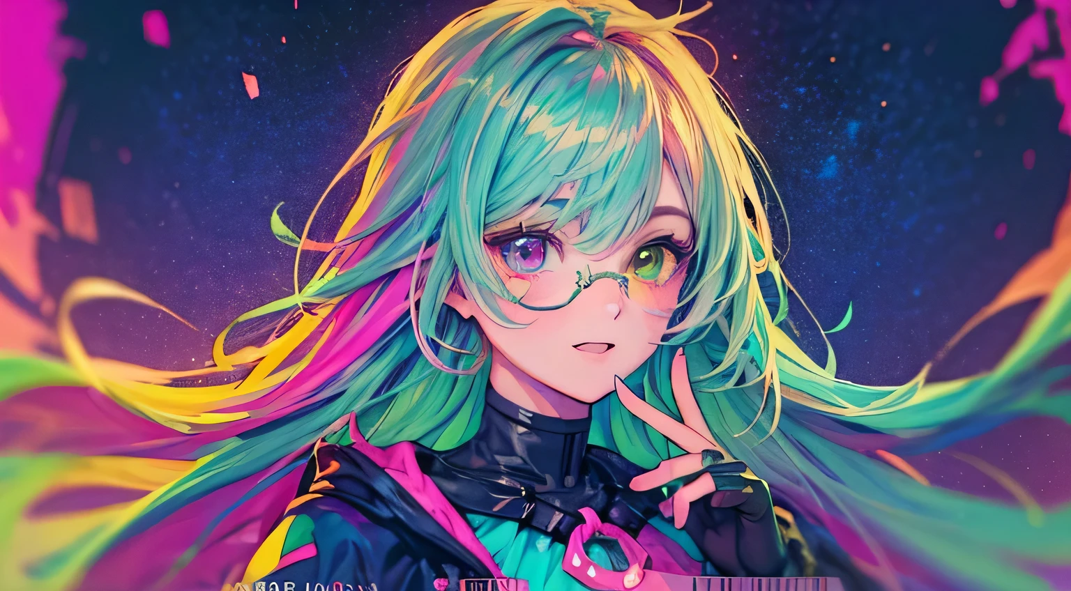 {{masterpiece}}, best quality, cinematic lighting, lens flare, medium breasts, beautiful detail eyes, multicolor hair, colorful retro light particles, shy smile, retro pop art style, heterochromia, (colorful:1.5), (colorful hair:1.5),