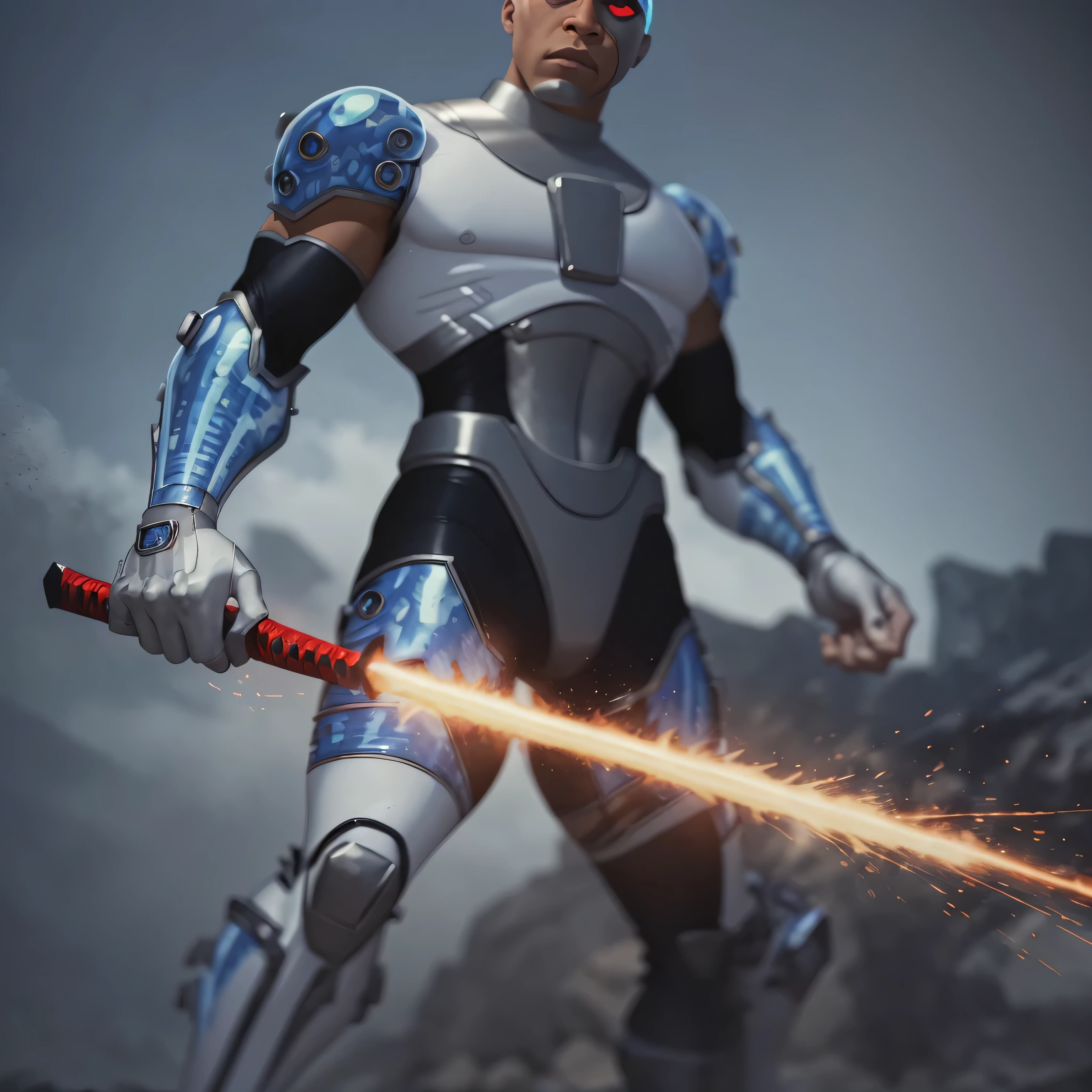 Full body image, DC Comics, Cyborg Victor Stone, black man, (((samurai armor))), photo-realistic, octane render, unreal engine, ultra-realistic