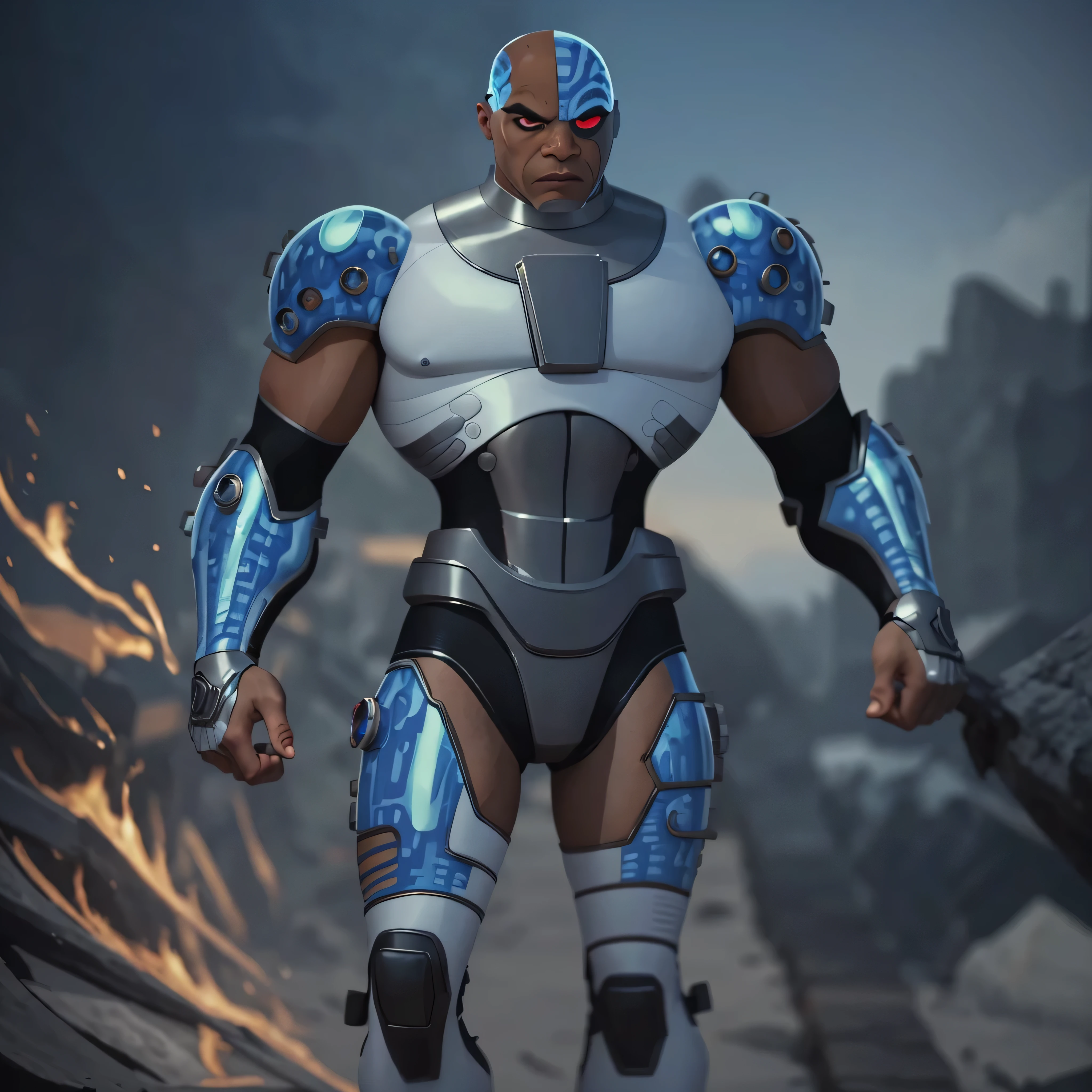 Full body image, DC Comics, Cyborg Victor Stone, black man, (((samurai armor))), photo-realistic, octane render, unreal engine, ultra-realistic