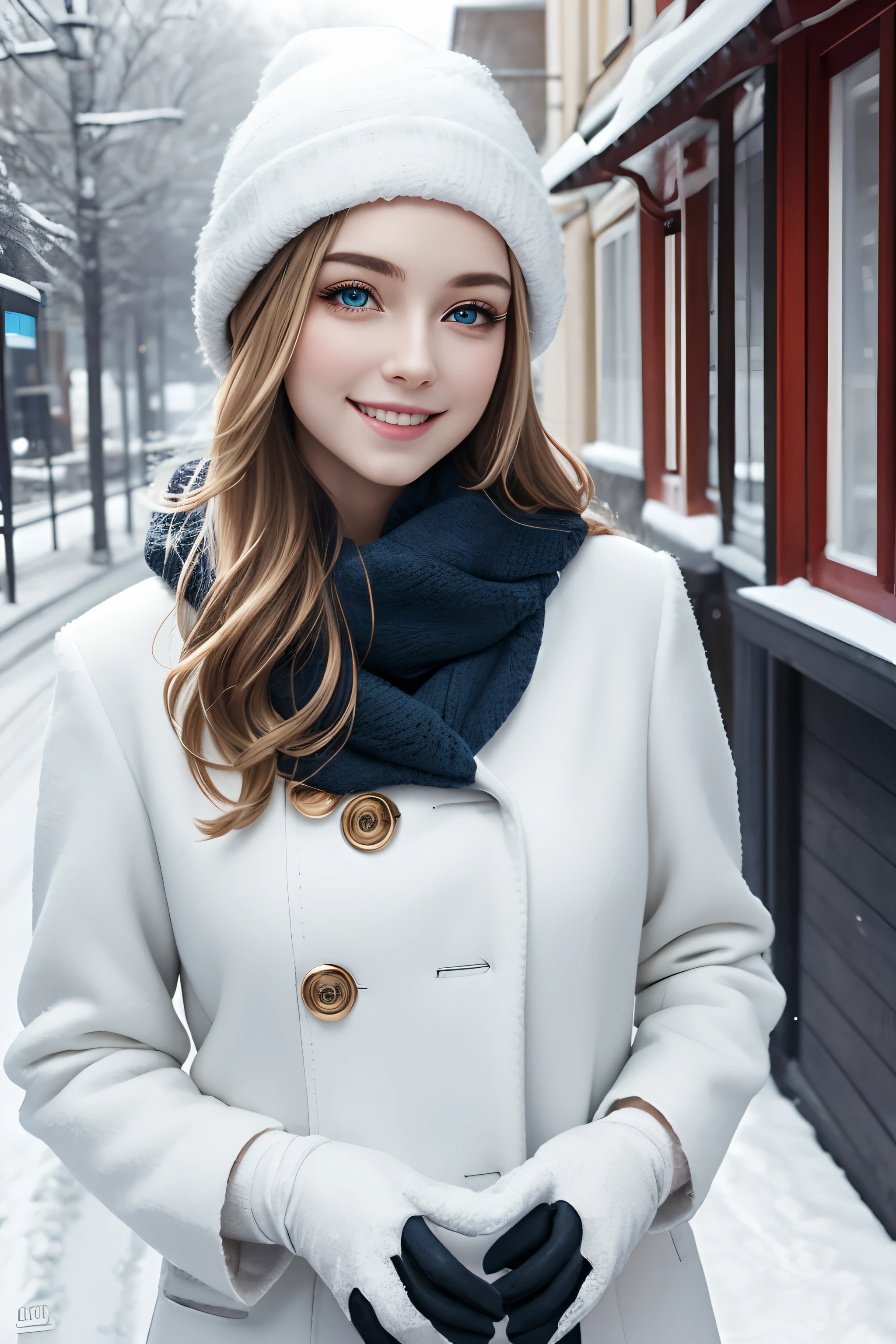 Highly detailed CG Unity 8K wallpaper, Two cute girls, 19 year old cute dark Polish girl and 15 year old Polish blonde with green eyes, Beautiful girl, Wonderful goddess, Hot maiden, Blue eyes, pale skin (masterpiece, Wonderful person, well detailed face dirty smile, photorealistic, hyperrealistic), white cold clothes, fluffy white cap, a white blouse, wearing white gloves, Rubbing hands warming up on a snowy street (blue open sky), and smiling (Lighting)