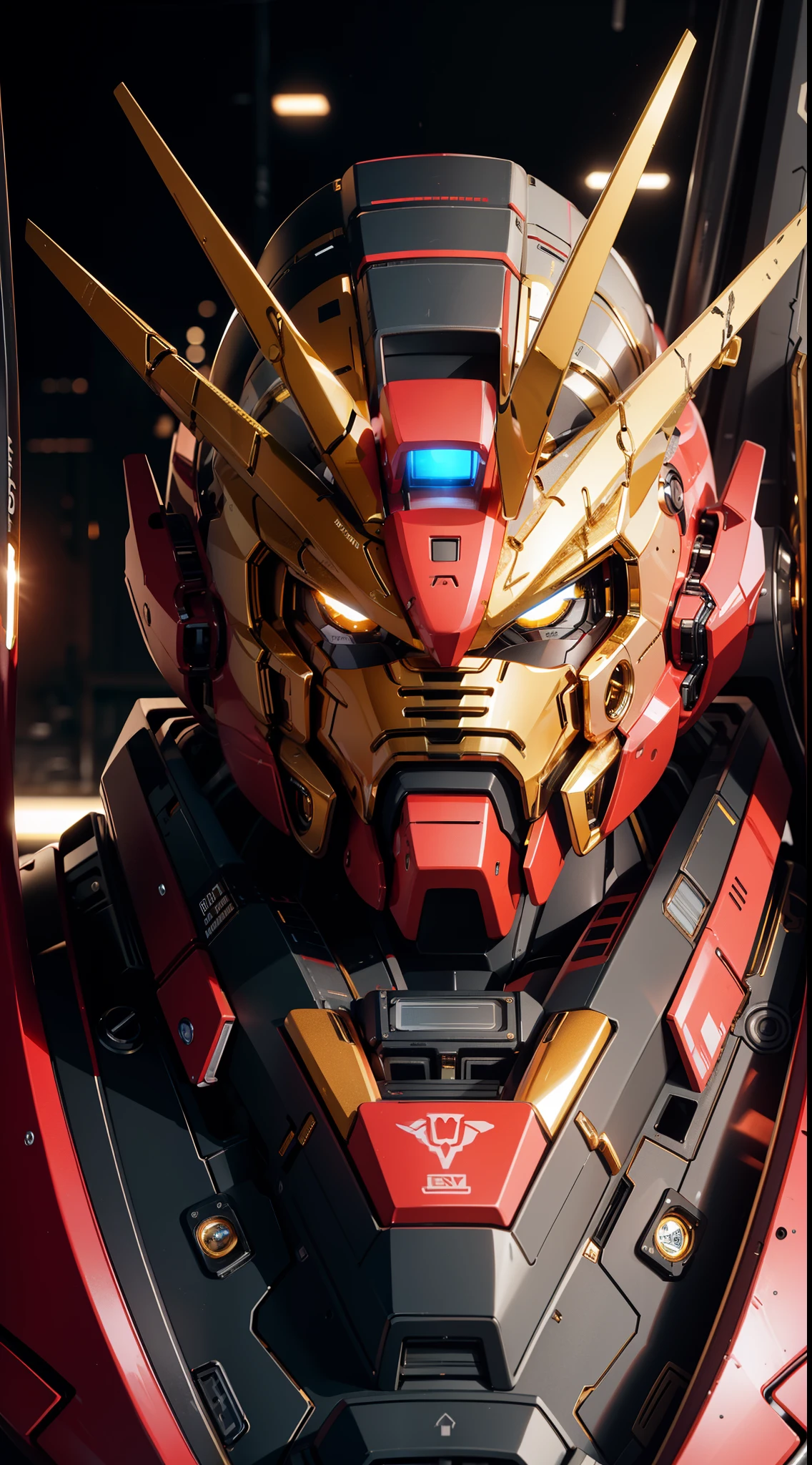 BJ_Gundam,solo,looking_at_viewer,yellow_eyes,no_humans,glowing,robot,portrait,mecha,glowing_eyes,science_fiction,straight-on,v-fin,mobile_suit,cinematic lighting,strong contrast,high level of detail,Best quality,masterpiece,