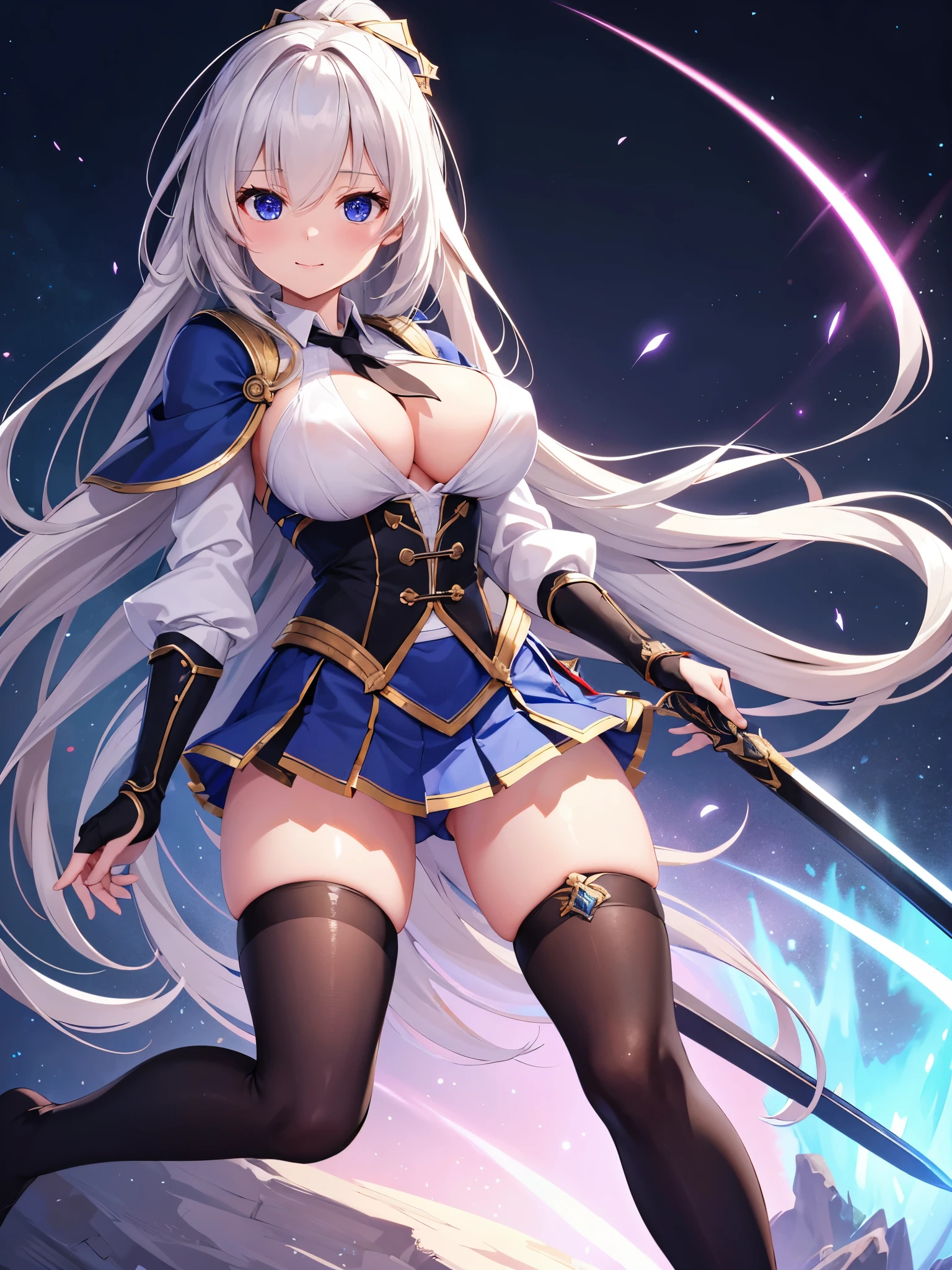 (1 girl),(high quality), (High resolution), (extremely detailed), (8K),(focus on lower body),(CG),female university student、beautiful girlfriend、magic knight costume、Magic Swordsman、Sorcerer、pleated skirt、sexy panties、(black knee high stockings:1.2)、erect nipple shape、No shoes、(neutral white lighting),sexy pose