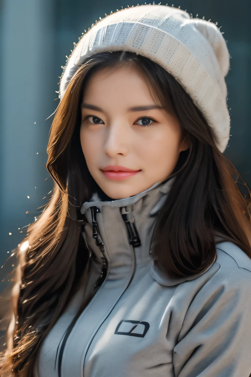 16 thousand., realistic quality, Girl Alone, Winter landscape, dressed in a thick winter down jacket, silver down jacket, pink knitted hat, It is very cold outside, there&#39;s snow everywhere, steam comes out of your mouth, frosty sun, frozen eyelashes, soft shadows, photographic quality