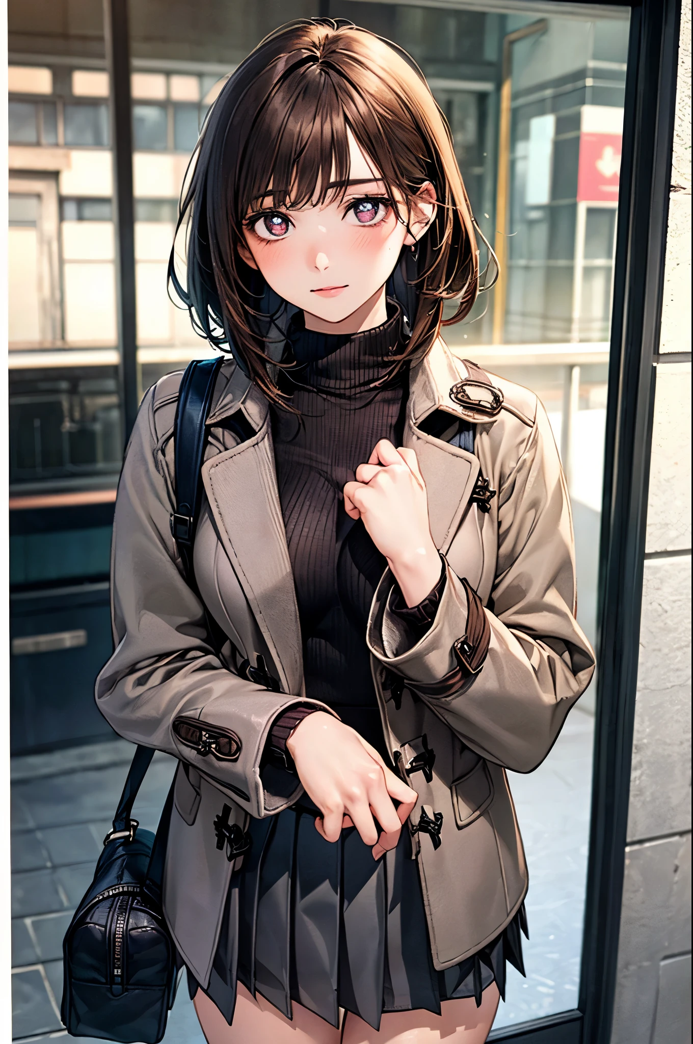 (masterpiece:1.2, top-quality), (realistic, photorealistic:1.4), beautiful illustration, (natural side lighting, movie lighting), nsfw,
looking at viewer, upper body, 1 girl, japanese, high school girl, perfect face, cute and symmetrical face, shiny skin,
(short hair:1.7, straight hair:1.2, brown hair), swept bangs, dark brown eyes, drooping eyes, long eye lasher, (medium breasts), slender,
beautiful hair, beautiful face, beautiful detailed eyes, beautiful clavicle, beautiful body, beautiful chest, beautiful thigh, beautiful legs, beautiful fingers,
((close clothes, grey brown duffle coat, black turtleneck sweater, grey box pleated mini skirt), navy and brown check muffler), , school bag,
(beautiful scenery), winter, evening, (outdoors), clasping hands, (heart shaped pupils, in heat, aroused),
