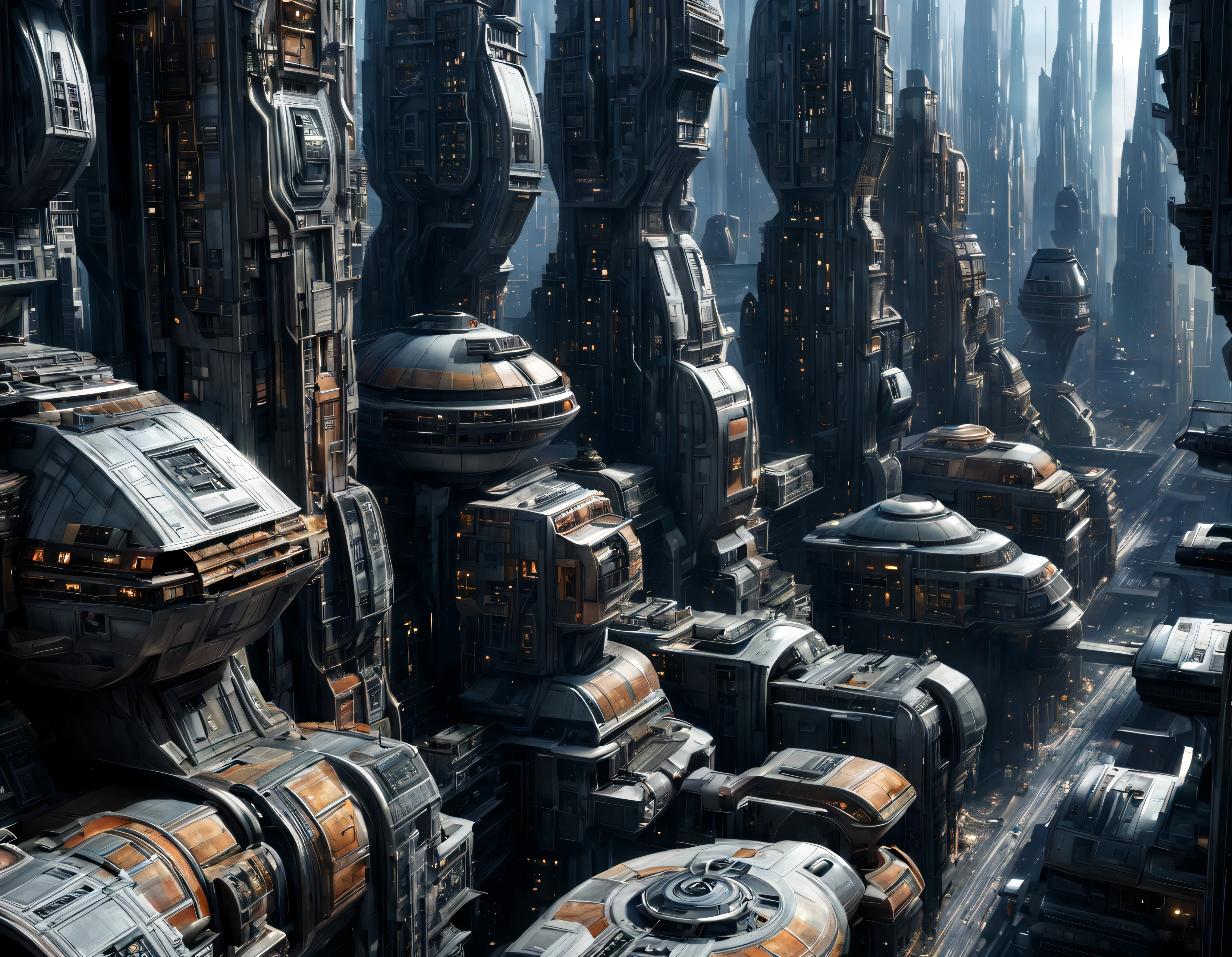 (The city of Coruscant from Star Wars as designed by Doug Chiang), futuristic fantasy city with immense buildings of technological design (que forman una avenida infinita), non-blurred compact buildings with metallic y acristalada appearance ovalados y dodecaedricos, luces en ventanas en edificios, daylight lighting with sun, con estructuras acristaladas espectaculares, en las que abundan el oro, plata y bronce, (con colores vivos). pavimento ensolado (sin brillo). gente paseando. imagen bien definida con muchos edificios juntos. sharp well defined 8k image. los edificios llegan alta el fondo.,8k. cinematographic image. ((obra maestra de superior calidad)). (renderizado 3D). fondo nitido.