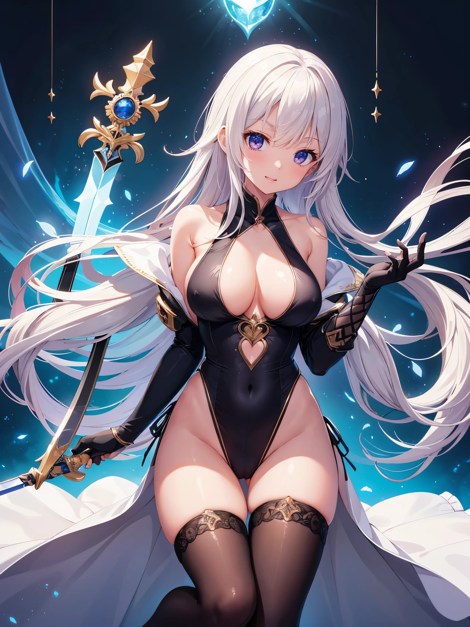 (1 girl),(high quality), (High resolution), (extremely detailed), (8K),(focus on lower body),(CG),female university student、beautiful girlfriend、magic knight costume、Magic Swordsman、Sorcerer、one piece swimsuit、sexy panties、(black knee high stockings:1.2)、erect nipple shape、No shoes、(neutral white lighting),sexy pose