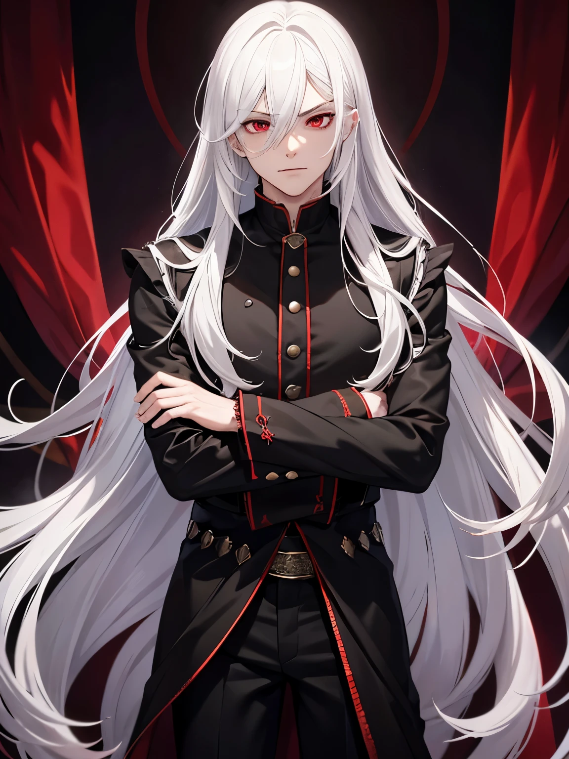 1 man, crossing arms,30 years old, vampire king, white hair, long hair, red eyes, black shirt, black pants, long robe, vampire teeth, standing in the vampire palace, ultra detail, perfect face, clear face, HD face,Ultra detailed face