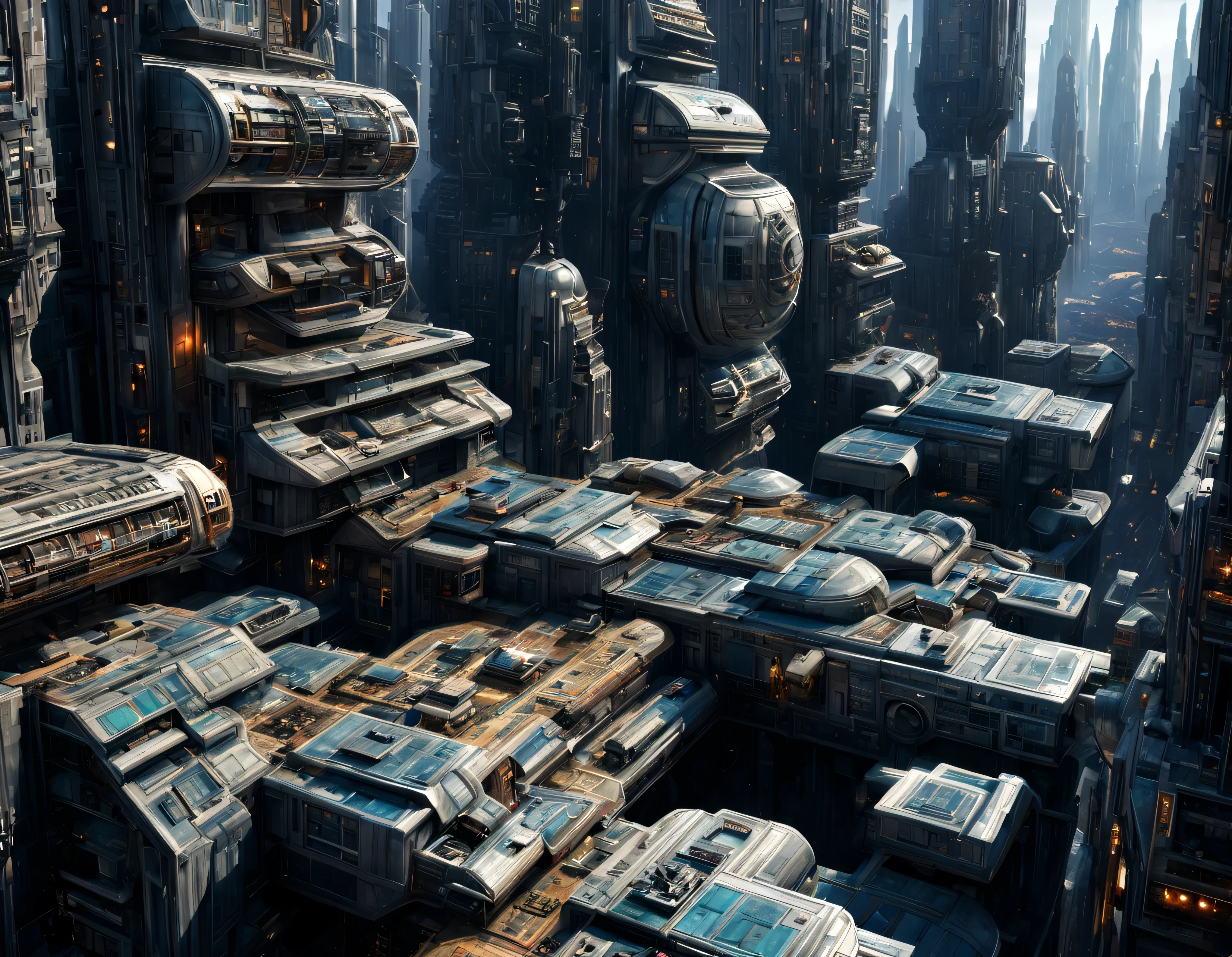 (The city of Coruscant from Star Wars as designed by Doug Chiang), futuristic fantasy city with immense buildings of technological design (que forman una avenida infinita), non-blurred compact buildings with metallic y acristalada appearance ovalados y dodecaedricos, luces en ventanas en edificios, daylight lighting with sun, con estructuras acristaladas espectaculares, en las que abundan el oro, plata y bronce, (con colores vivos). pavimento ensolado (sin brillo). gente paseando. imagen bien definida con muchos edificios juntos. sharp well defined 8k image. los edificios llegan alta el fondo.,8k. cinematographic image. ((obra maestra de superior calidad)). (renderizado 3D). fondo nitido.